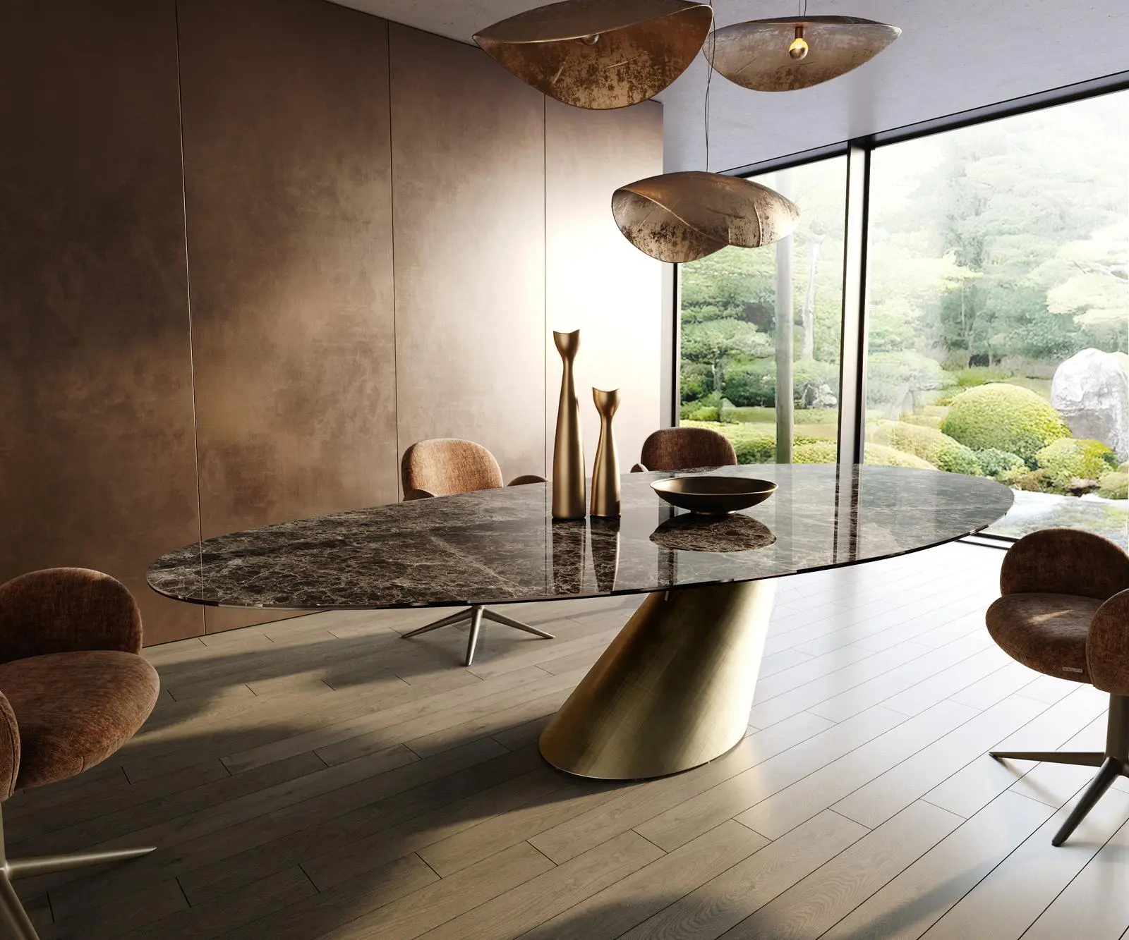 DELIFE Jídelní stůl Edge oválný 315×150 cm keramika Emperador Extra Lucidato tmavě hnědá kužel Metallic Gold