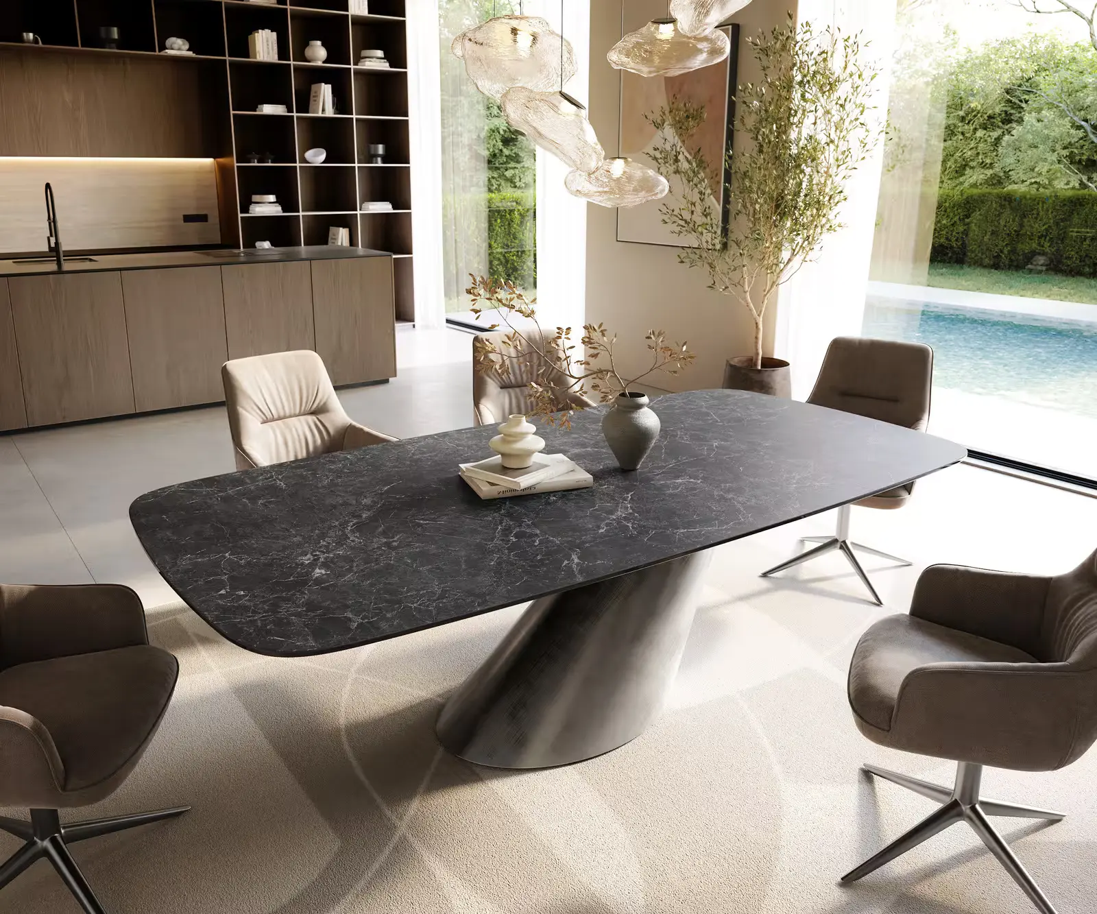 DELIFE Jídelní stůl Edge tvar oválný 240x120 cm keramika Laminam® Nero Greco antracitový kužel kovový stříbrný