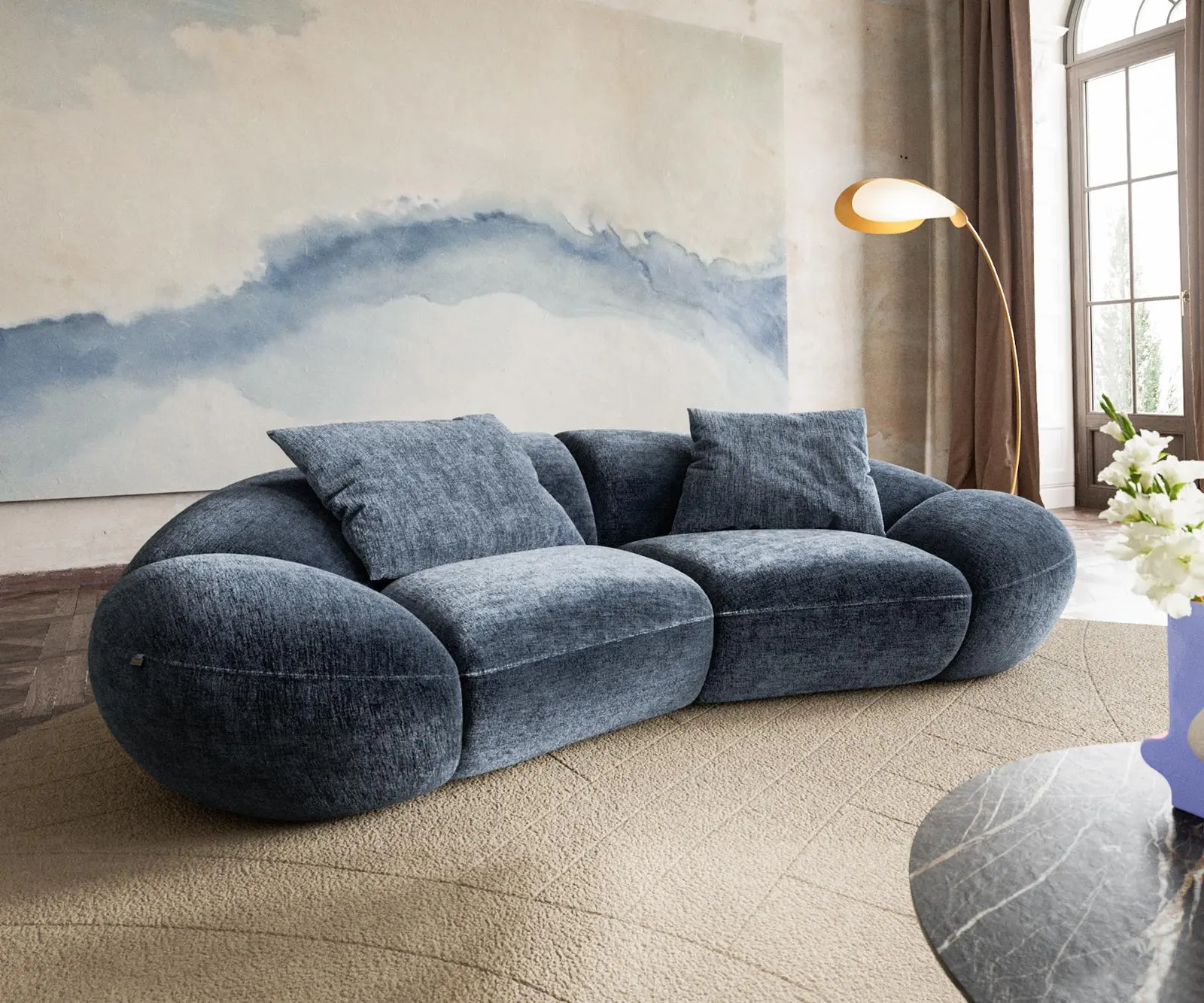 DELIFE 2-místná pohovka Lunna 280×130 cm žinylka modrá 2 polštáře