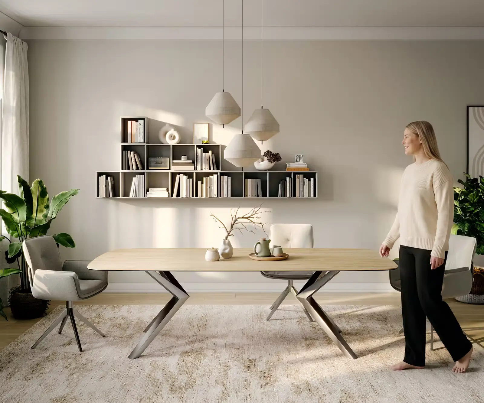 DELIFE Jídelní stůl Edge tvar oválný 260x120 cm keramika Laminam® Sabbia dubová barva Zenthara hranatý nerezová ocel
