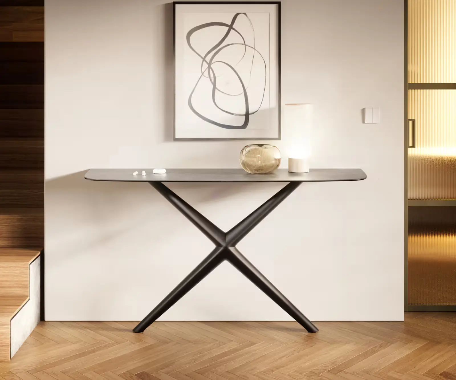 DELIFE Konzolový stolek Edge oválný 140×40 cm keramika beton šedá Estelo kov černá