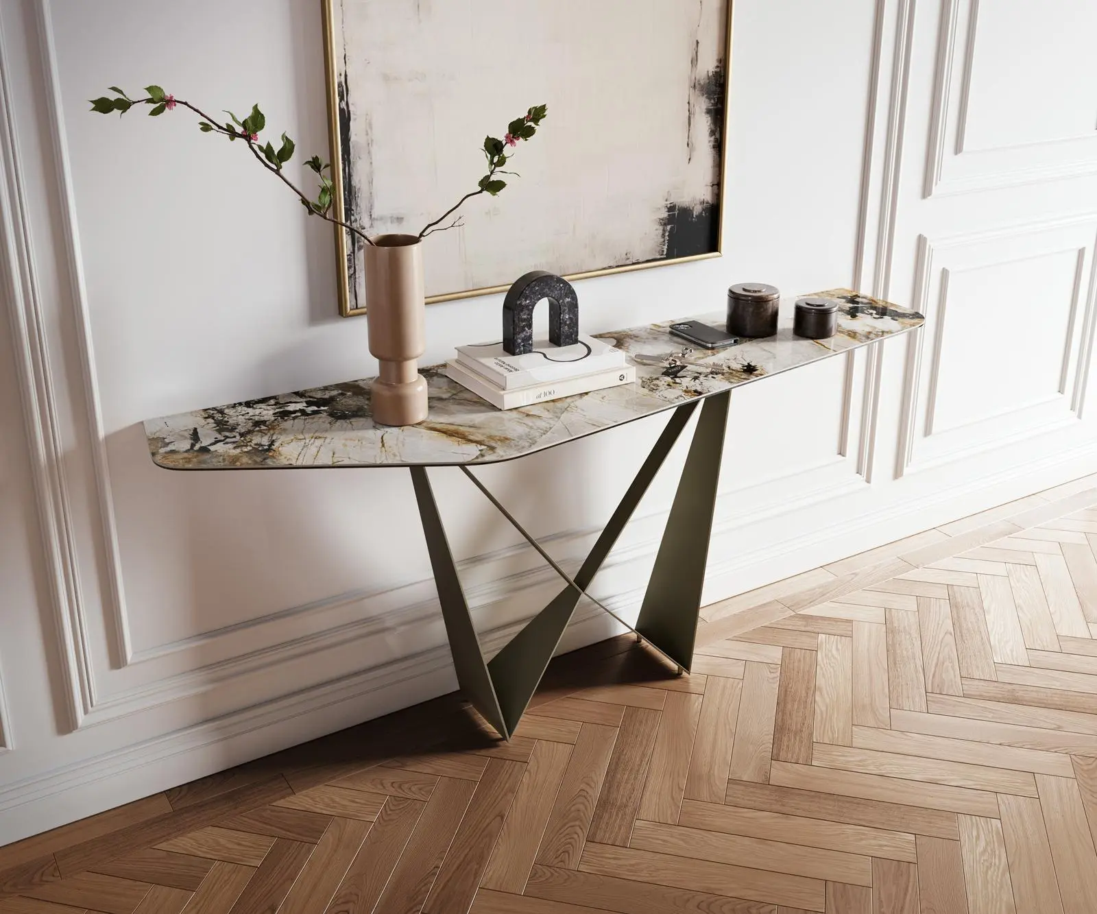 DELIFE Konzolový stůl Edge polygonální 180×50 cm keramika Patagonia leštěná Spios kov titanová barva