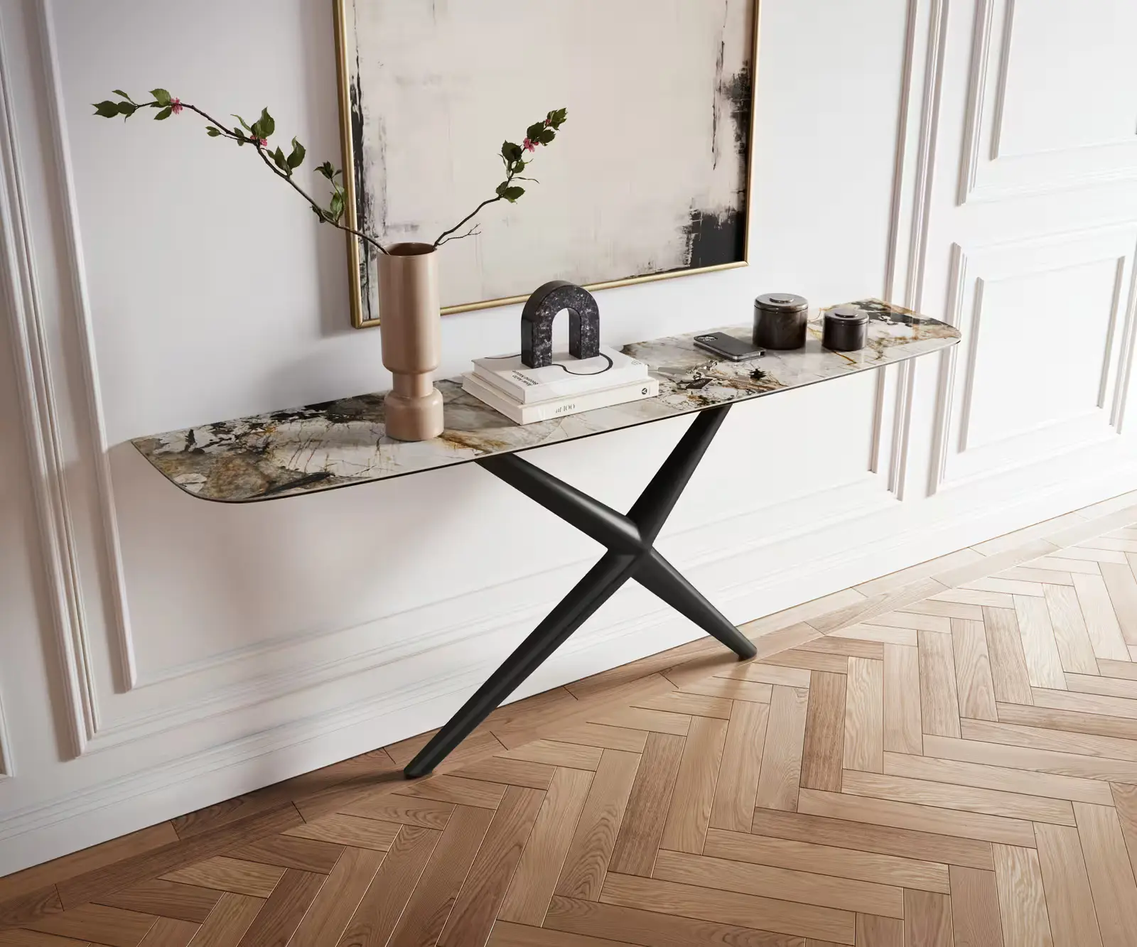 DELIFE Konzolový stůl Edge tvar oválný 180×40 cm keramika Patagonia leštěná Estelo kov černá
