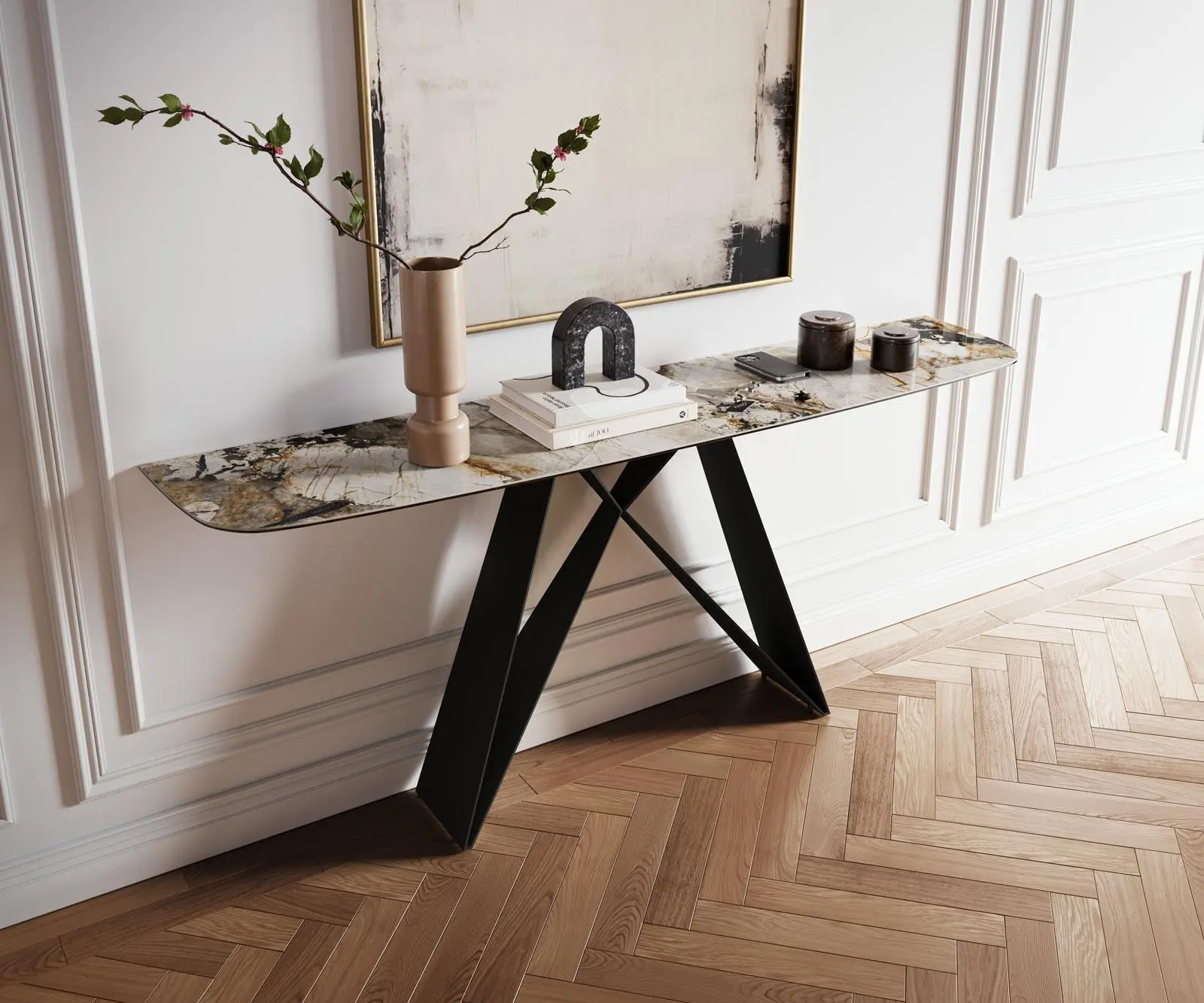 DELIFE Konzolový stůl Edge oválný tvar 180×40 cm keramika Patagonia leštěná Velio kov černá