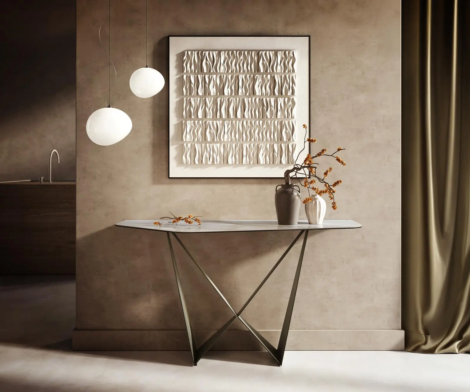 DELIFE Konzolový stůl Edge polygonální 140×50 cm keramika Onyx Pearl Spios kov titanová barva