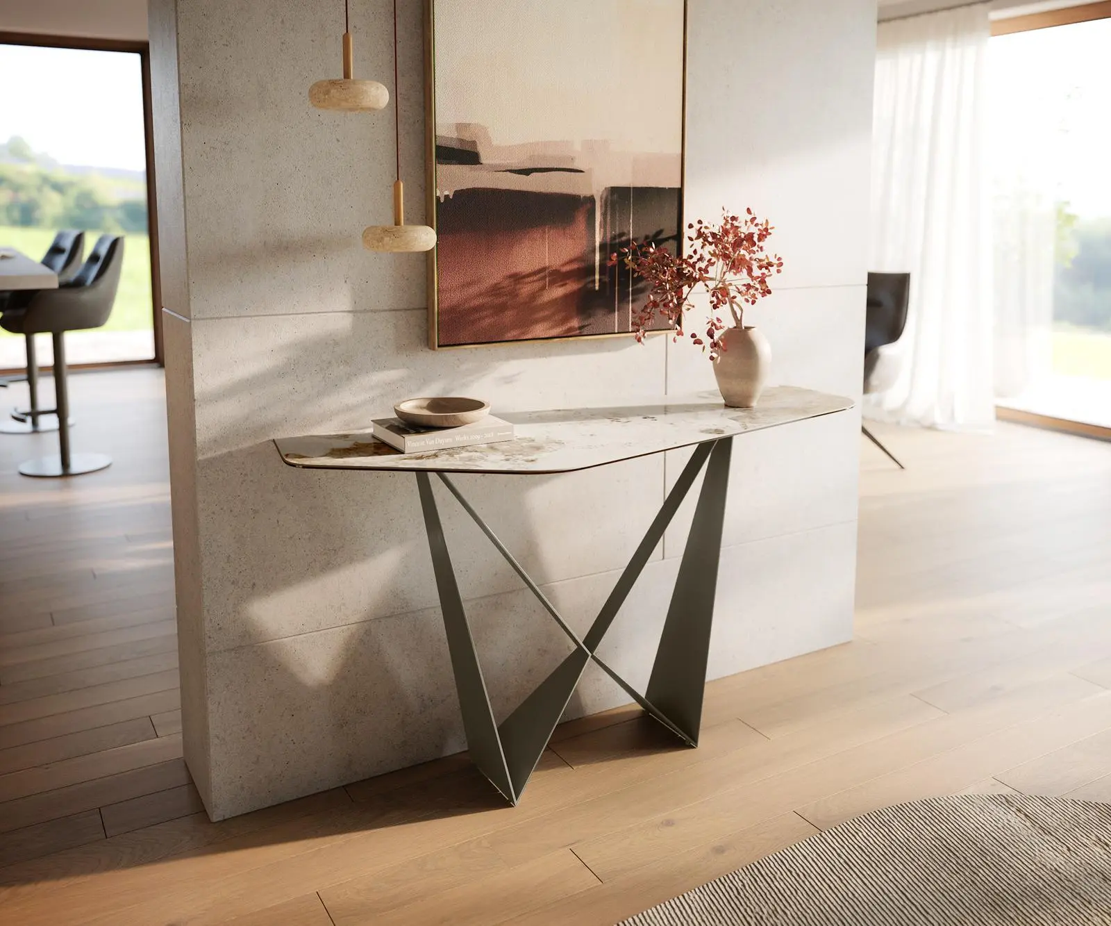 DELIFE Konzolový stůl Edge polygonální 140×50 cm keramika Minas melange bílá béžová Spios kov titanová barva