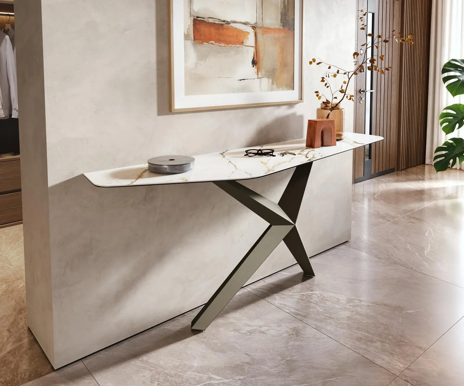 DELIFE Konzolový stůl Edge polygonální 180×50 cm keramika Calacatta Luxe bílá zlatá šedá Zentharo kov titanová barva
