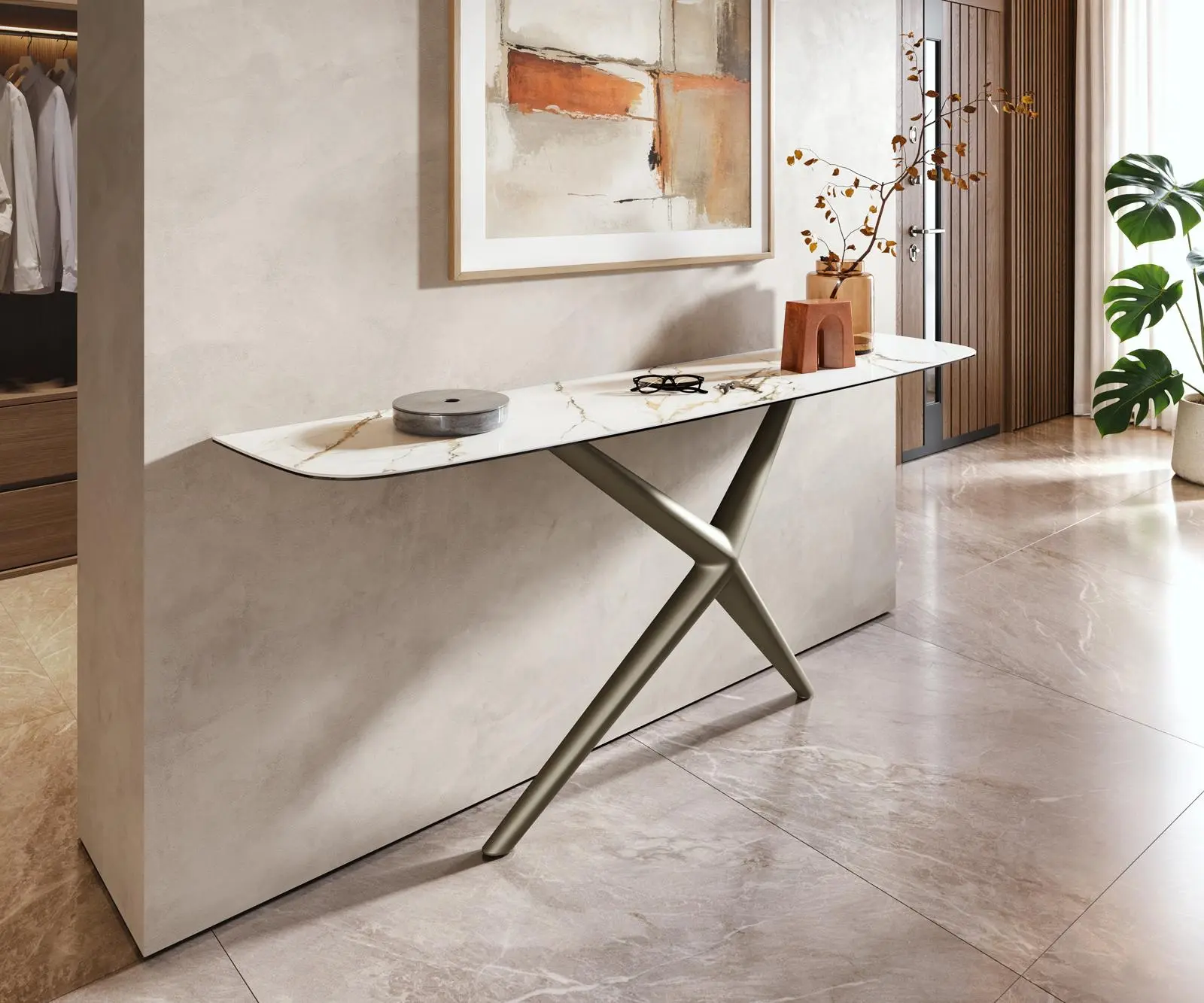 DELIFE Konzolový stůl Edge oválný tvar 180×40 cm keramika Calacatta Luxe bílá zlatá šedá Estelo kov titanová barva