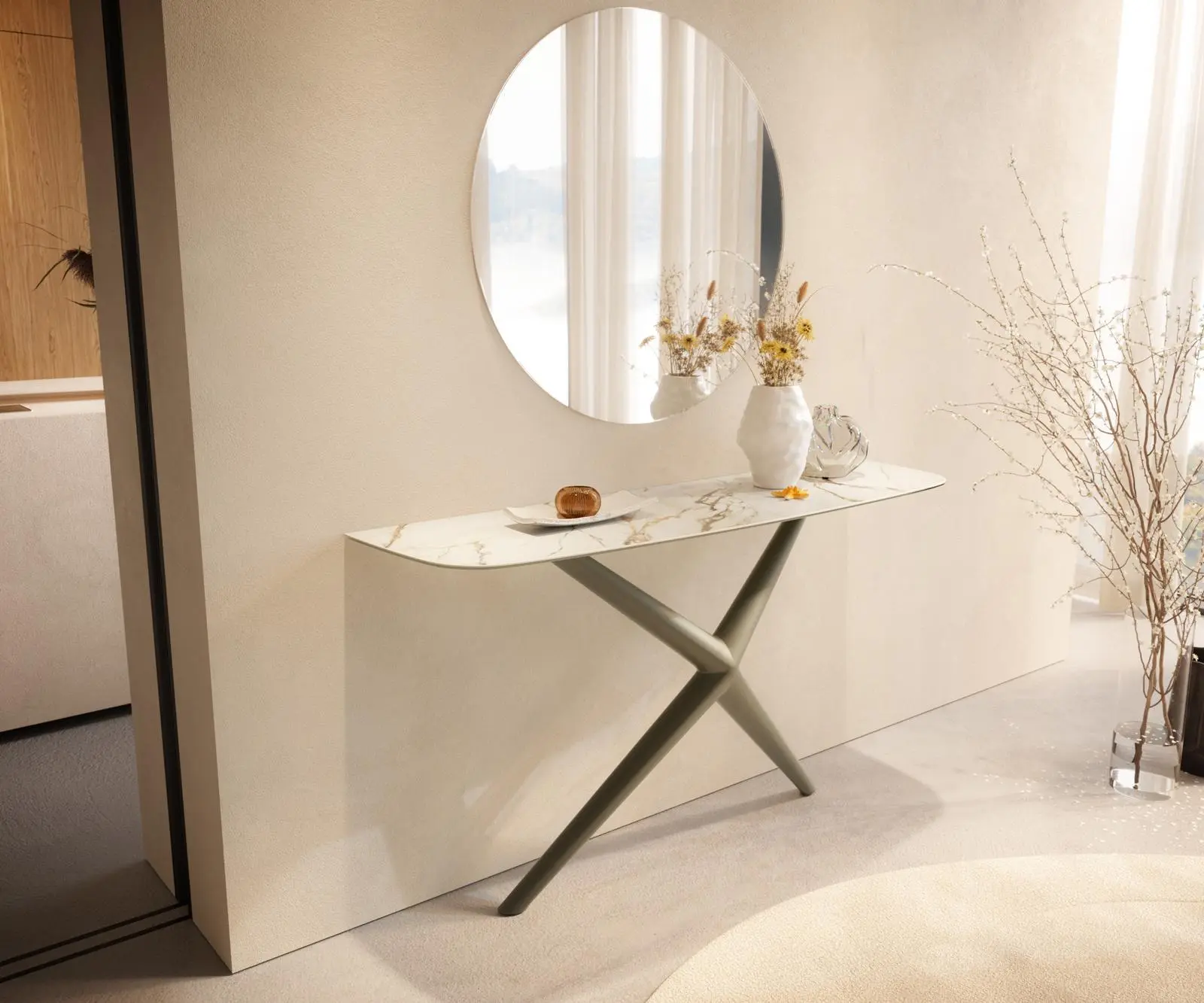 DELIFE Konzolový stůl Edge oválný tvar 140×40 cm keramika Calacatta Luxe bílá zlatá šedá Estelo kov titanová barva