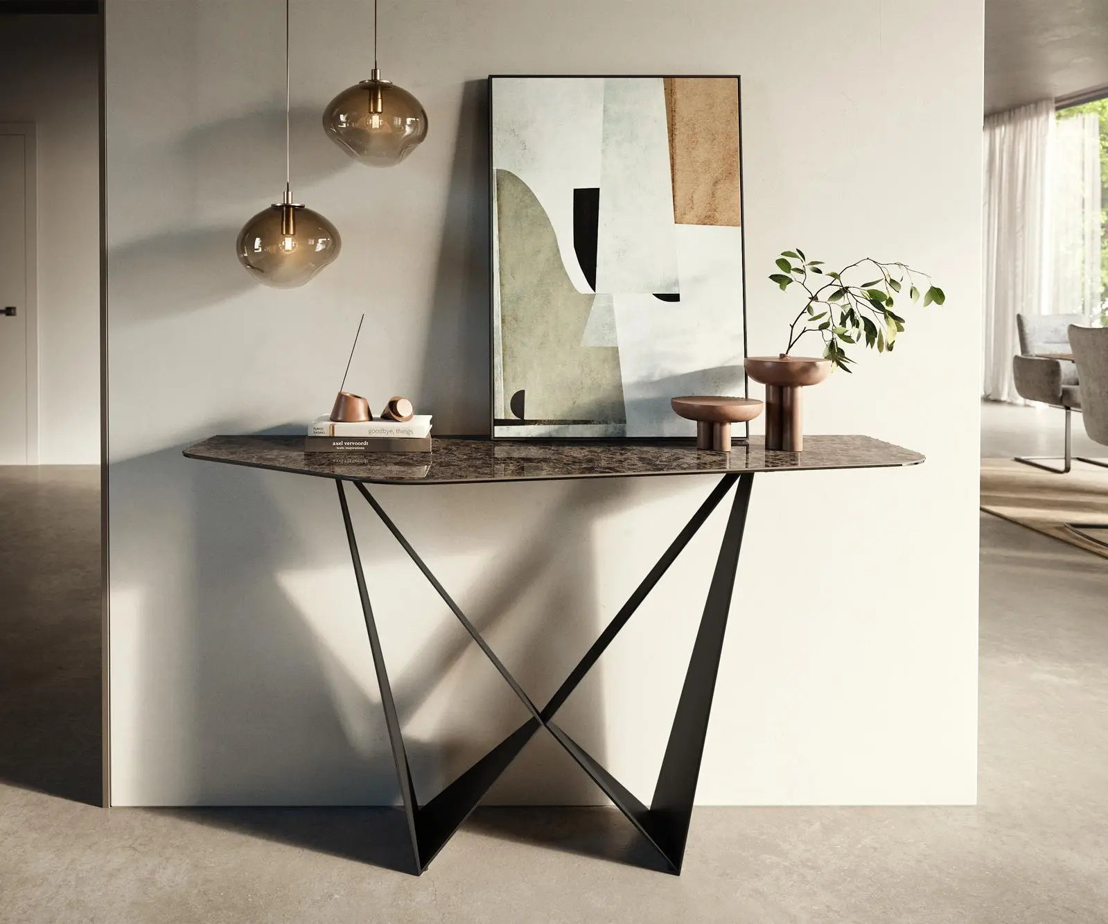 DELIFE Konzolový stůl Edge polygonální 140×50 cm keramika Emperador Extra Lucidato tmavě hnědá Spios kov černá
