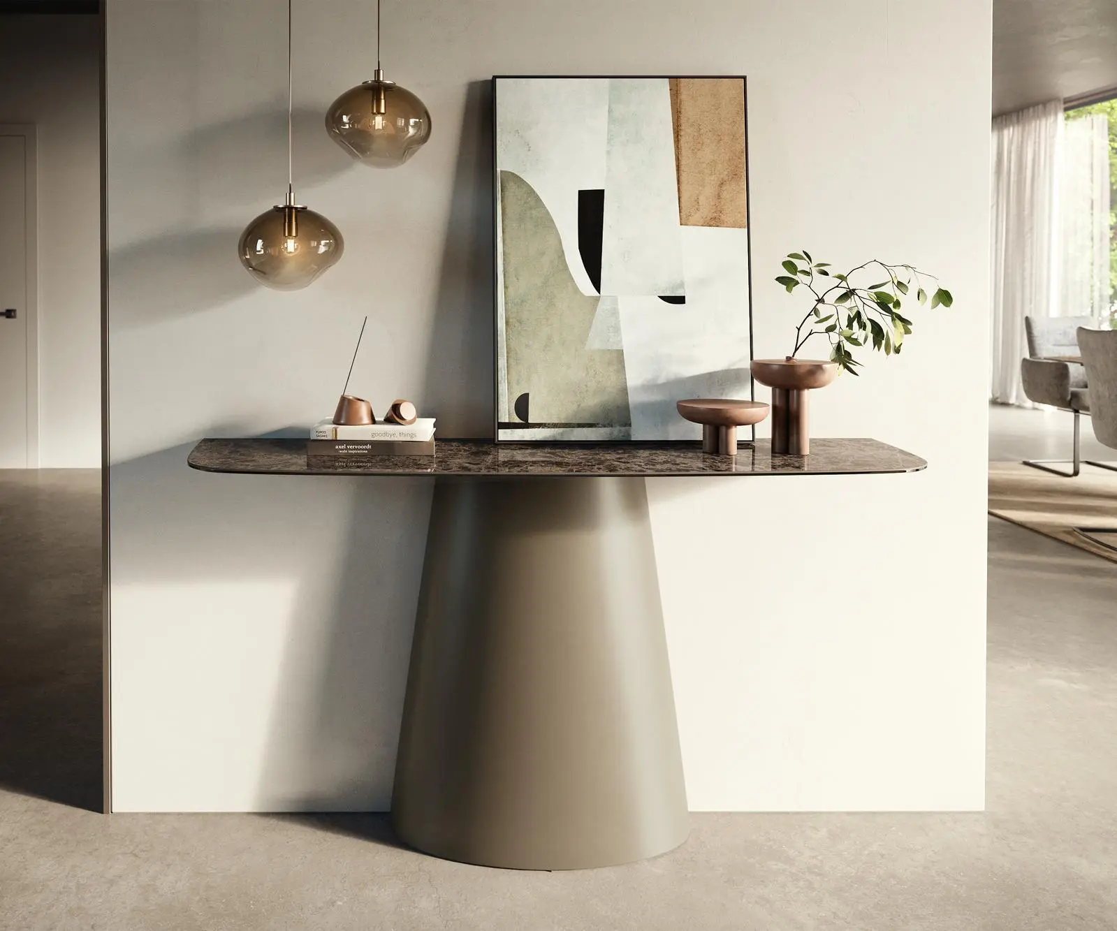 DELIFE Konzolový stůl Edge oválný 140×40 cm keramika Emperador Extra Lucidato tmavě hnědá kuželová podnož kov titanová barva