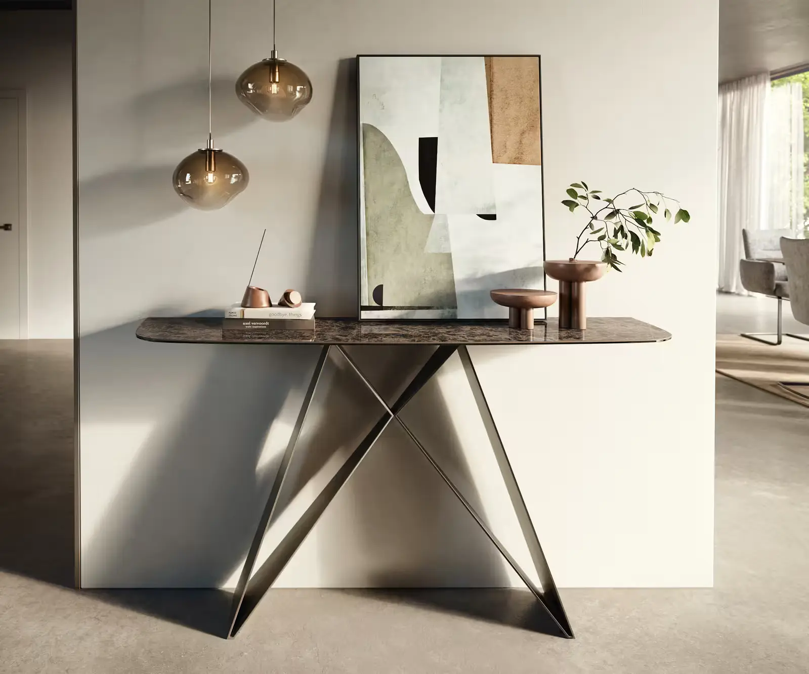 DELIFE Konzolový stůl Edge oválný tvar 140×40 cm keramika Emperador Extra Lucidato tmavě hnědá Velio kov titanová barva