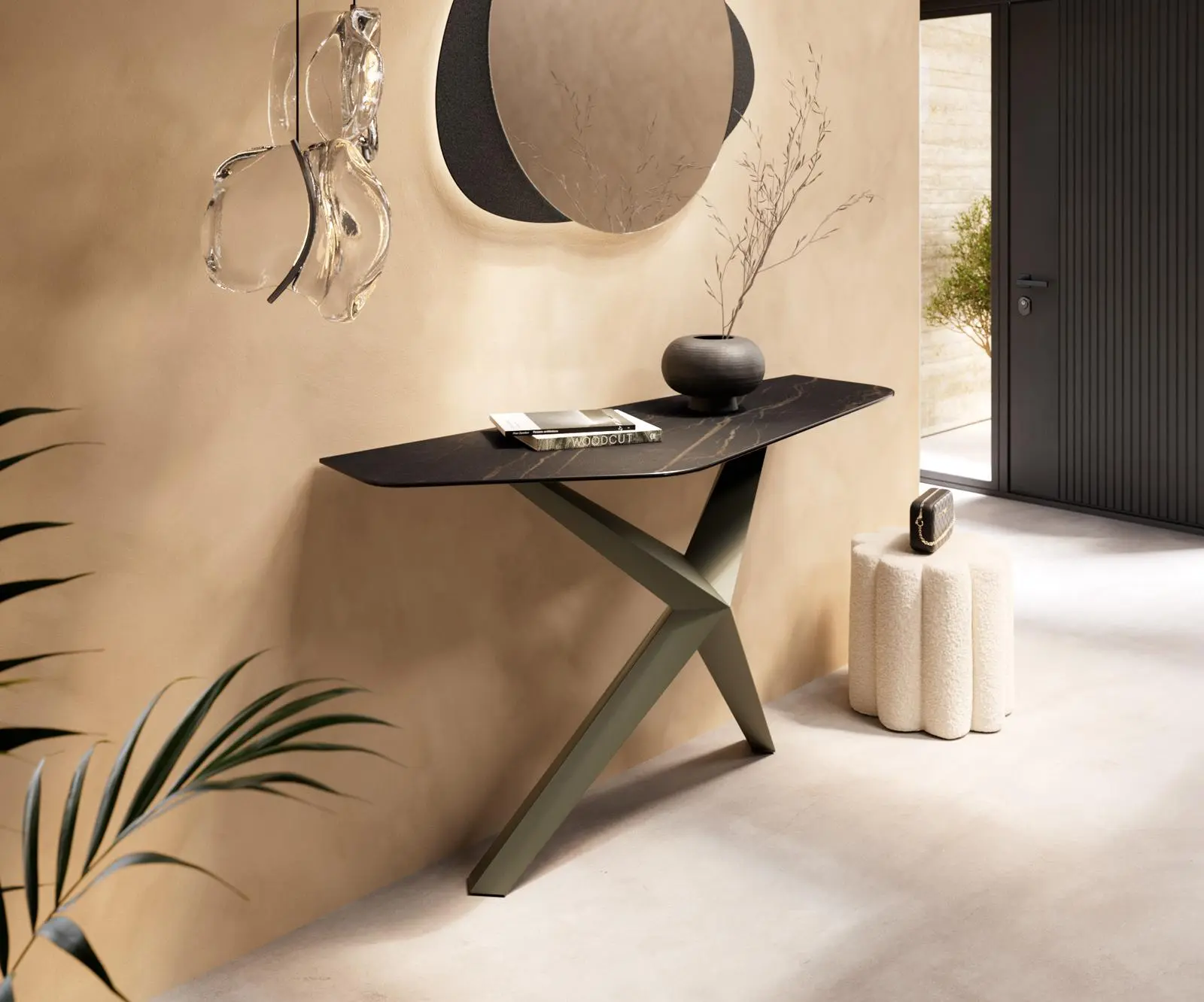 DELIFE Konzolový stůl Edge polygonální 140×50 cm keramika Laminam® Noir Desir hnědá Zentharo kov titanová barva