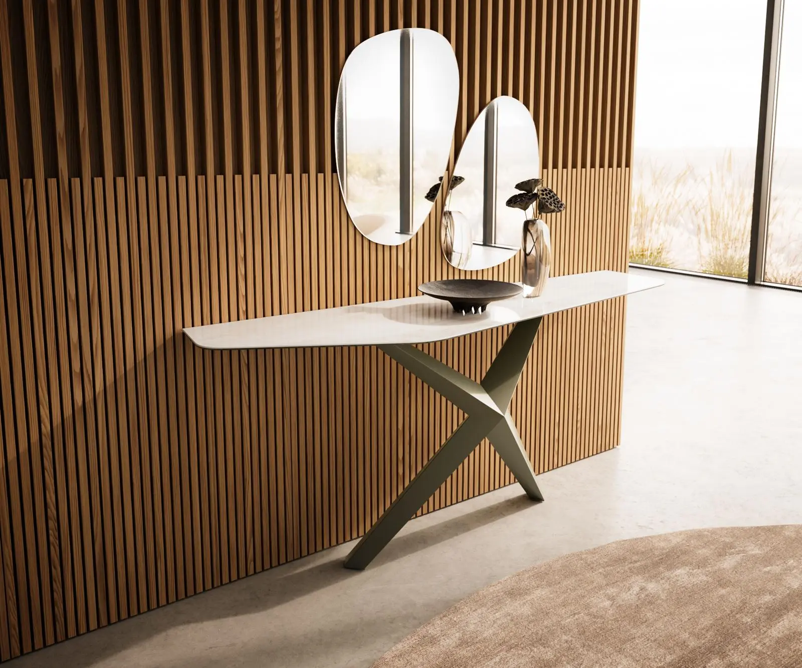 DELIFE Konzolový stůl Edge polygonální 180×50 cm keramika onyx champagne Zentharo kov titanová barva
