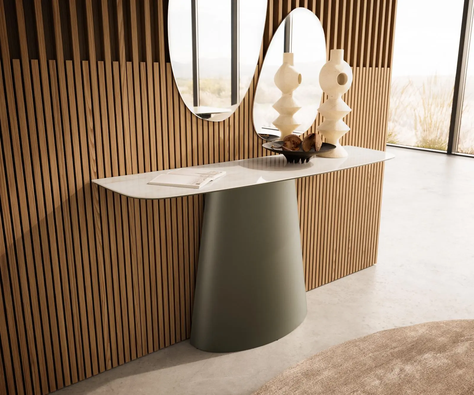DELIFE Konzolový stůl Edge oválný 140×40 cm keramika onyx champagne Conos kov titanová barva