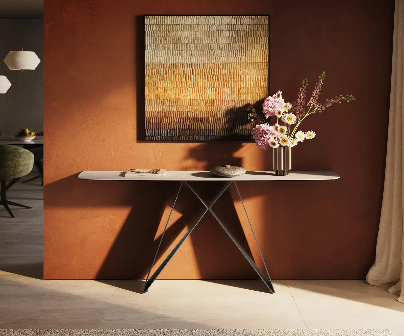 DELIFE Konzolový stůl Edge oválný 180×40 cm keramika Laminam® Travertino Bianco krémově bílá Velio kov titanová barva