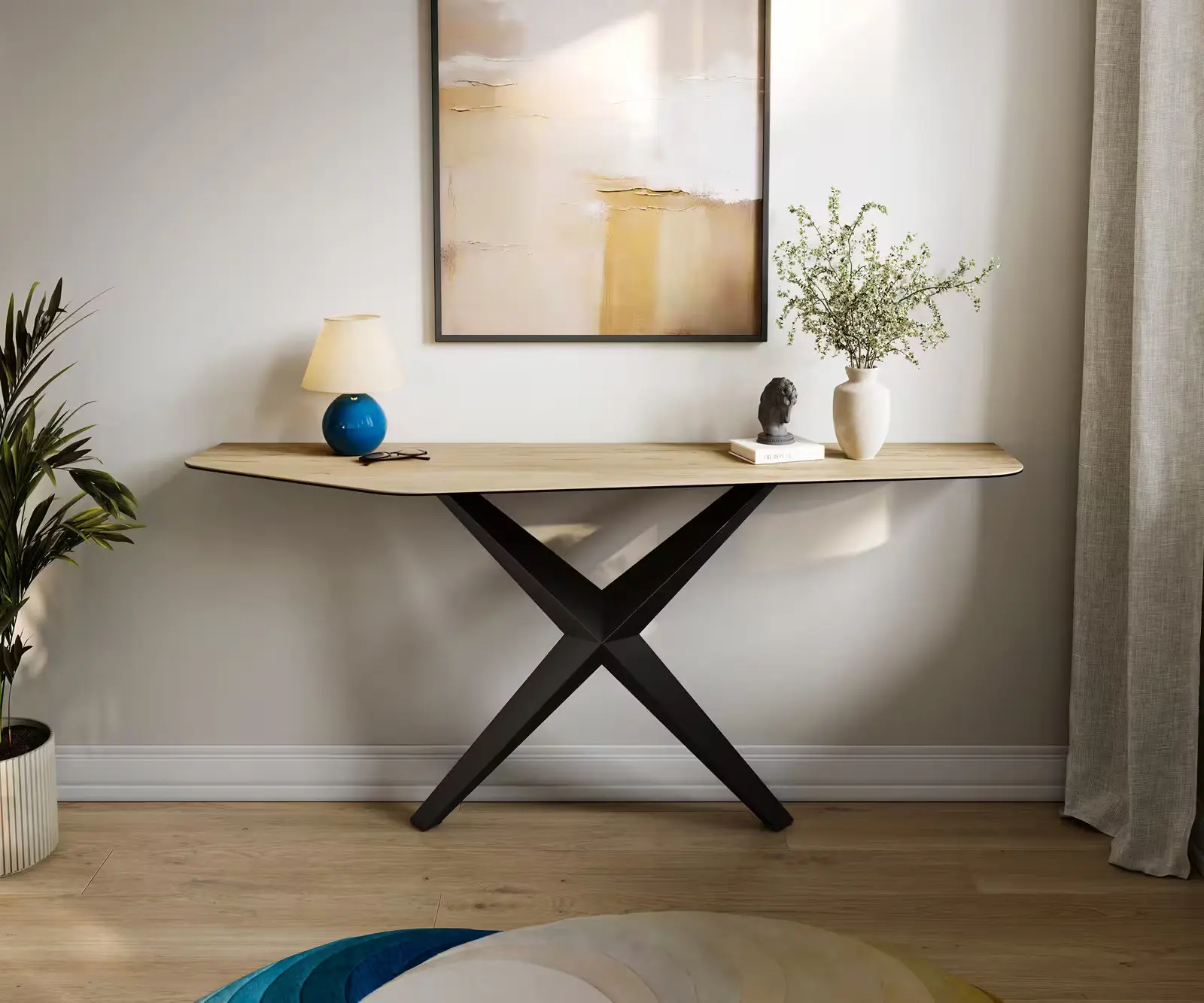 DELIFE Konzolový stůl Edge polygonální 180×50 cm keramika Laminam® Sabbia dubová Zentharo kov černý
