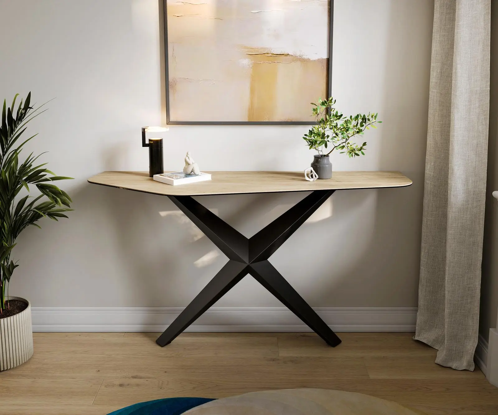 DELIFE Konzolový stůl Edge polygonální 140×50 cm keramika Laminam® Sabbia dubová Zentharo kov černý