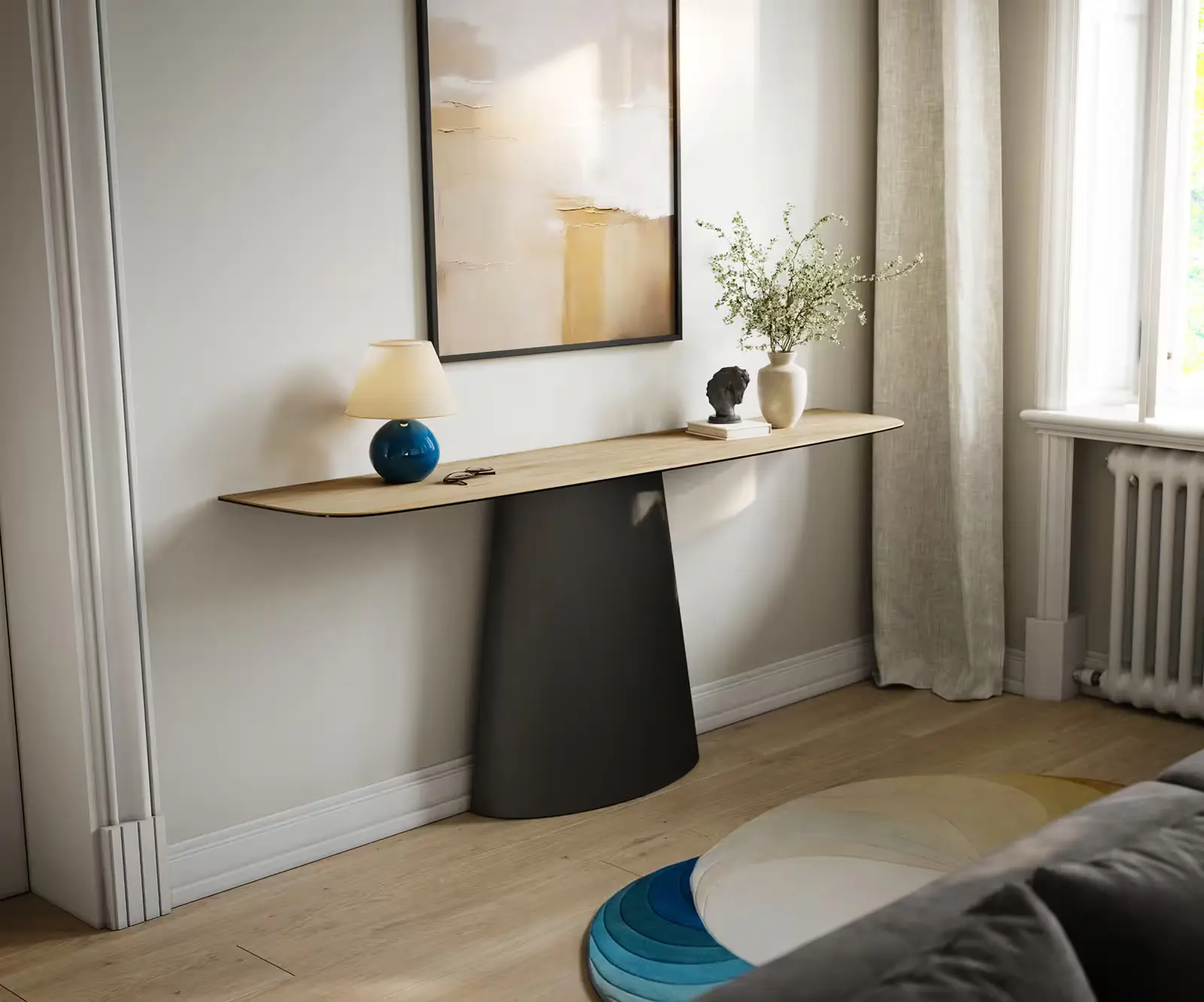 DELIFE Konzolový stůl Edge oválný tvar 180×40 cm keramika Laminam® Sabbia dubová barva kov černá