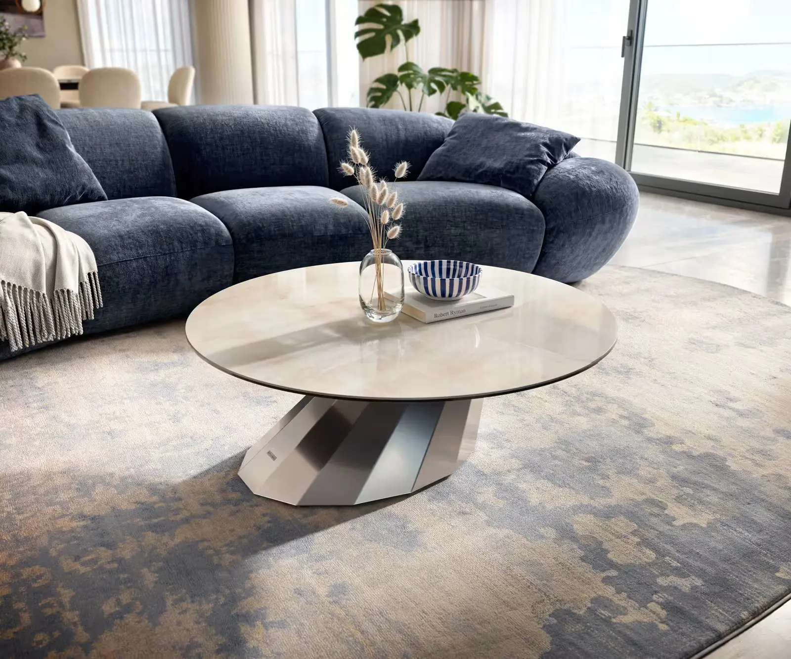 DELIFE Konferenční stolek Edge kulatý 100×100 cm keramika onyx champagne Parabi nerezová ocel broušená