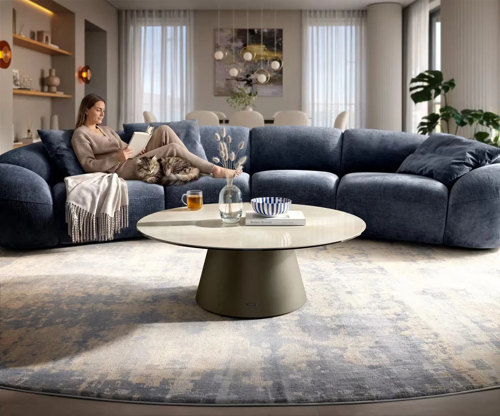 DELIFE Konferenční stolek Edge kulatý 100×100 cm keramika onyx champagne Borna titanová barva