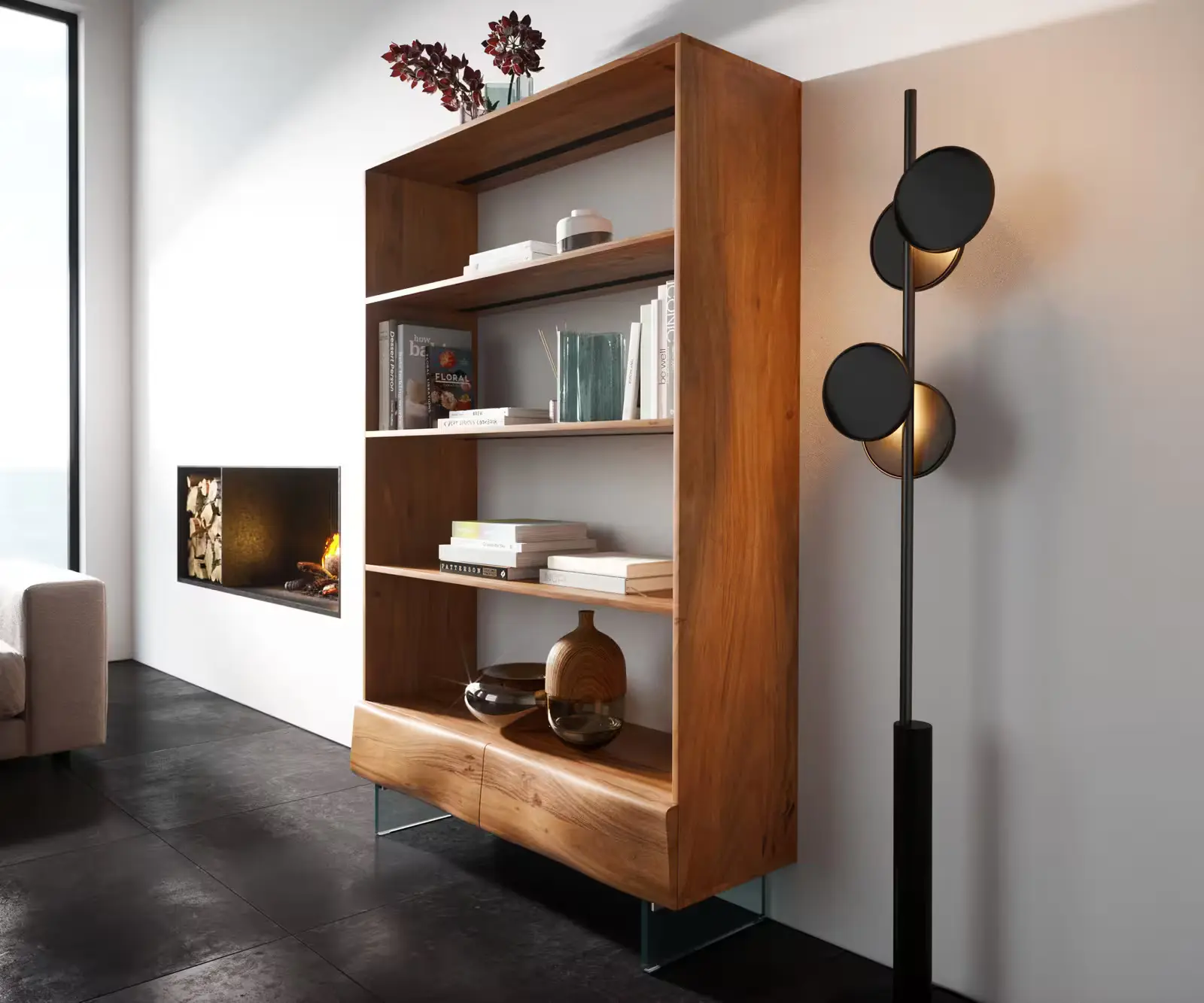 DELIFE Regál New Live-Edge 115x150 cm akácie přírodní 2 zásuvky skleněná podnož závěsný