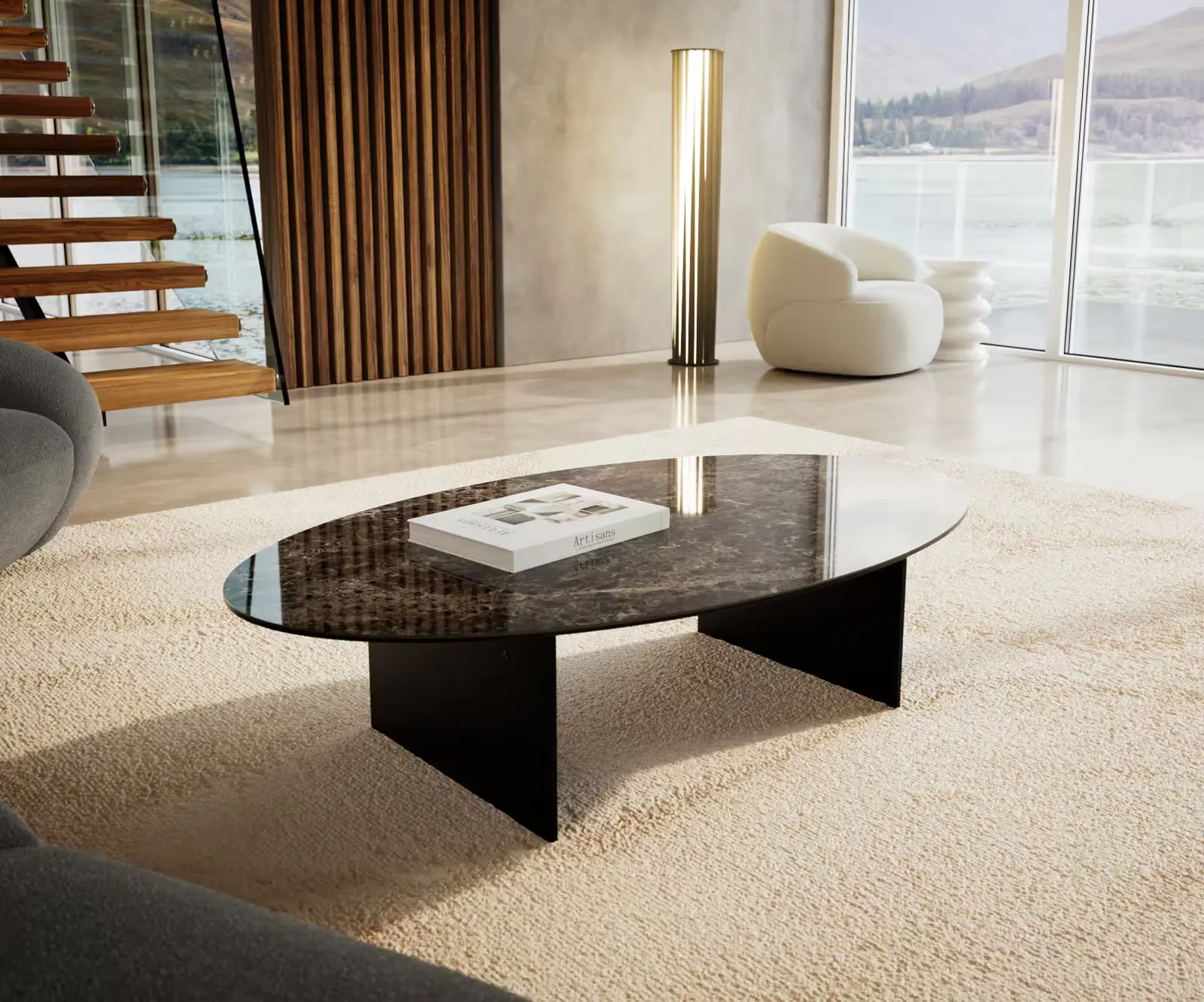 DELIFE Konferenční stolek Edge oválný 140×80 cm keramika Emperador Extra Lucidato tmavě hnědá Salto kov černá