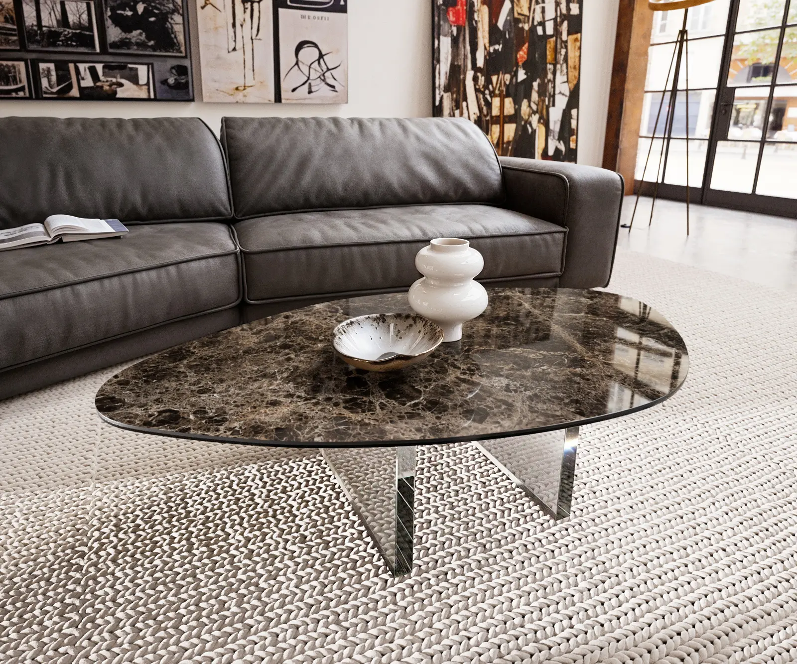 DELIFE Konferenční stolek Edge organický 140×76 cm keramika Emperador Extra Lucidato tmavě hnědá Lumia akryl
