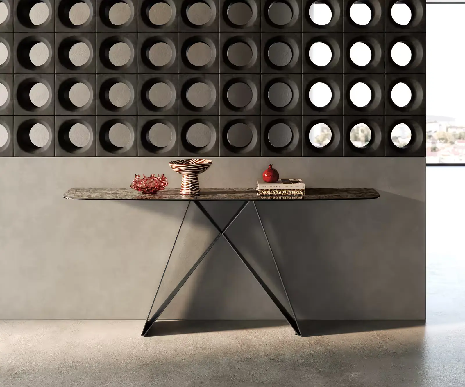 DELIFE Konzolový stůl Edge oválný tvar 180×40 cm keramika Emperador Extra Lucidato tmavě hnědá Velio kov černá