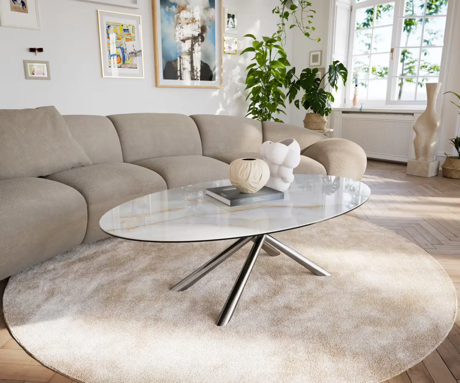 DELIFE Konferenční stolek Edge oválný 140×80 cm keramika Onyx Pearl Sarity nerezová ocel kartáčovaná