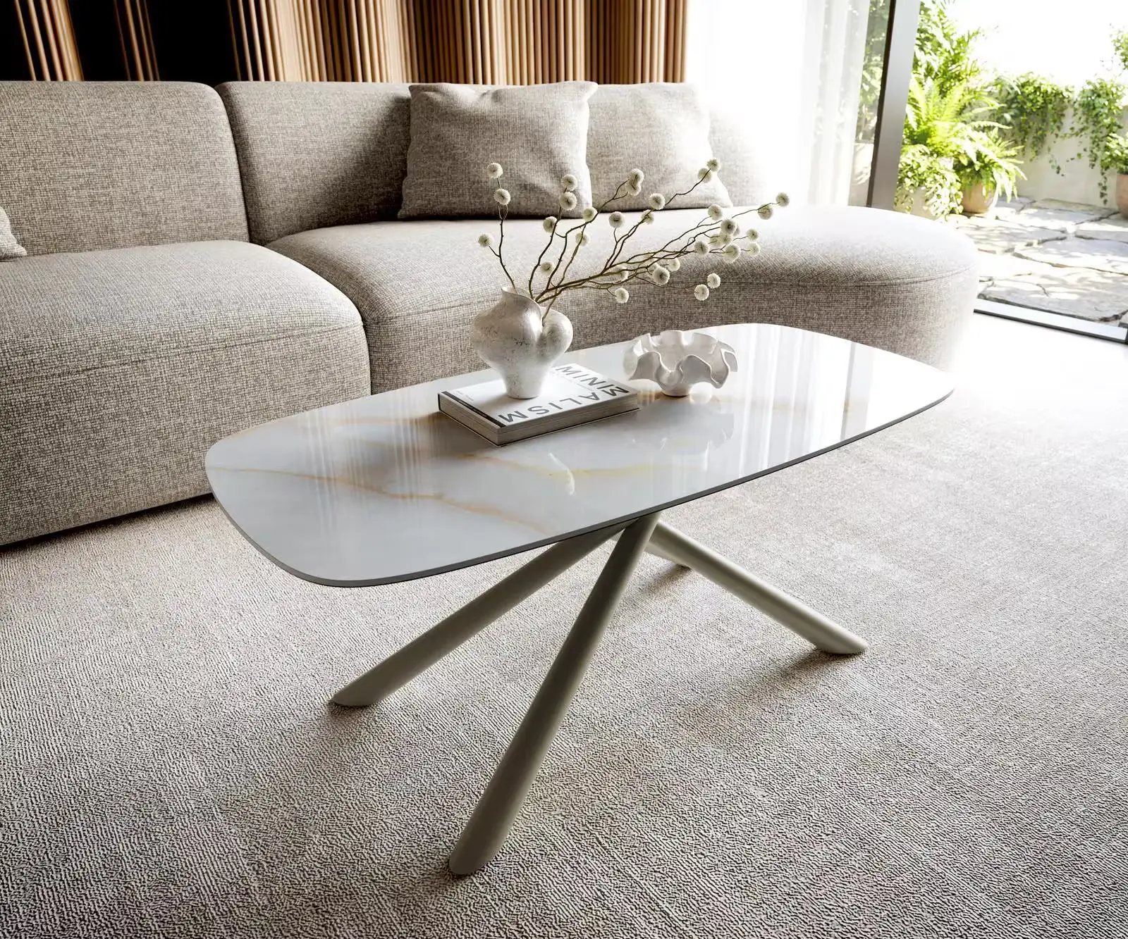 DELIFE Konferenční stolek Edge oválný tvar 100×50 cm keramika Onyx Pearl Sarity kov titanová barva