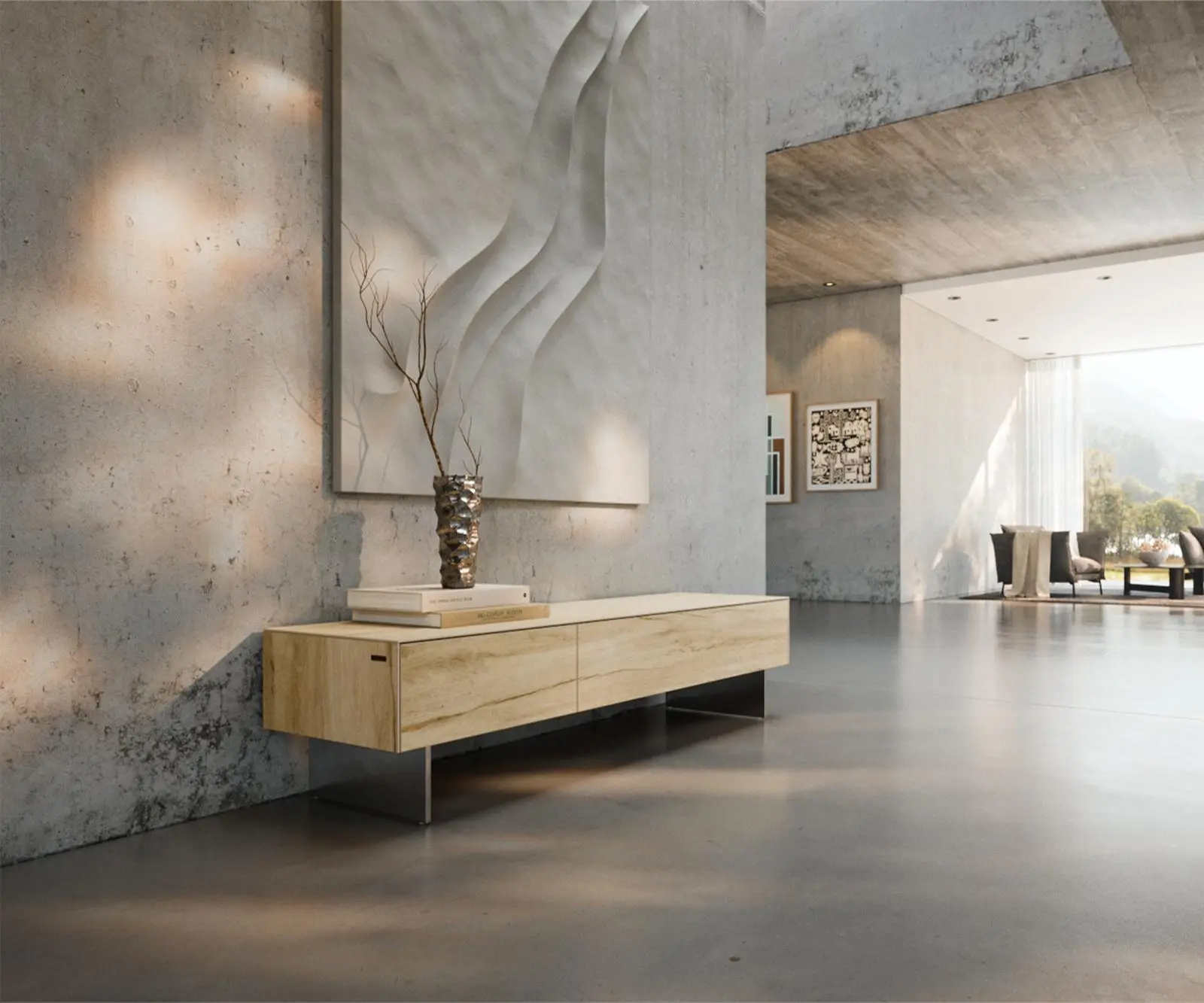DELIFE TV stolek Cuor 150 cm keramika Laminam® Sabbia dubová 1 výklopná dvířka 1 zásuvka podnož závěsná nerezová ocel