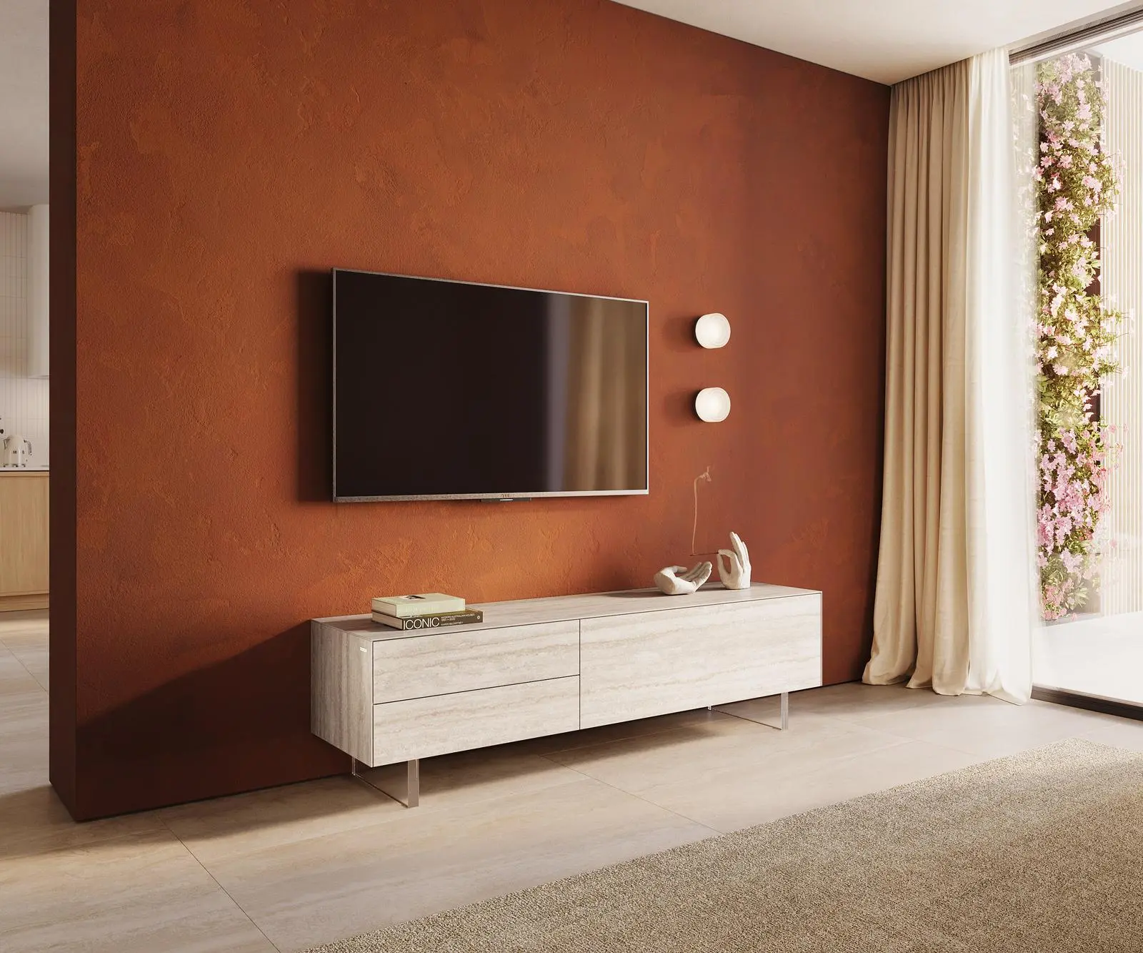 DELIFE TV stolek Cuor 180 cm keramika Laminam® Travertino Bianco krémově bílá 1 výklopná dvířka 2 zásuvky podnož závěsná akrylglas