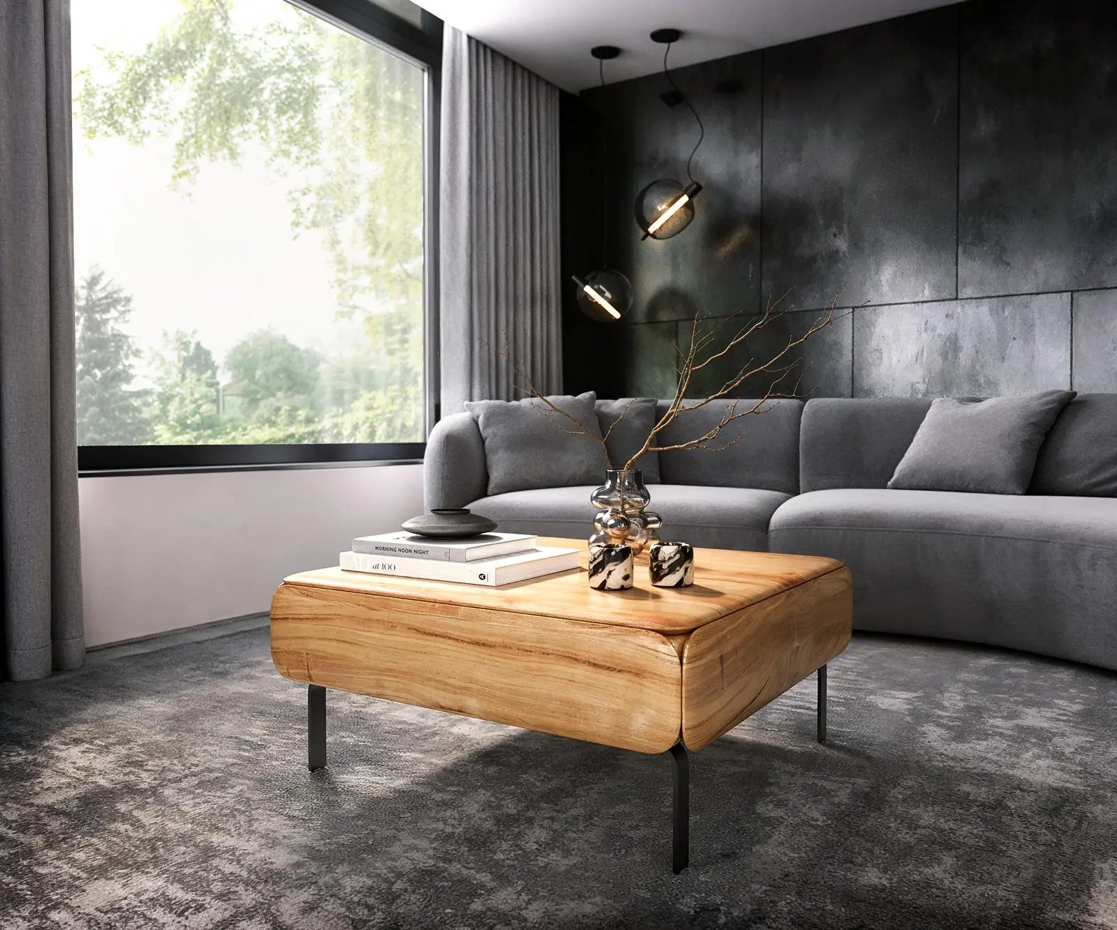 DELIFE Konferenční stolek Shavani 90x90 cm akácie přírodní 2 dvířka podnož ve tvaru L kov černá