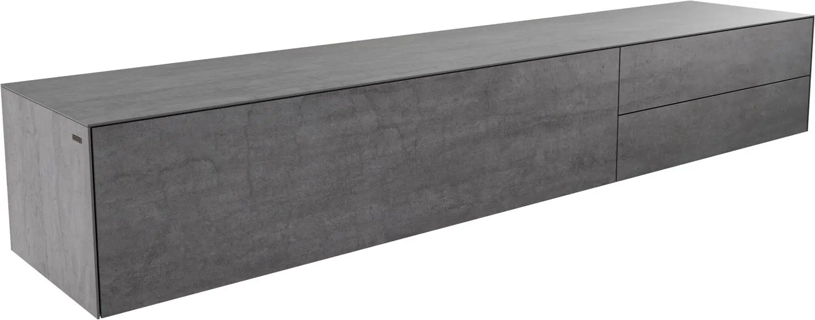 DELIFE TV stolek Cuor 220 cm keramika beton šedá 1 výklopná dvířka 2 zásuvkové přihrádky