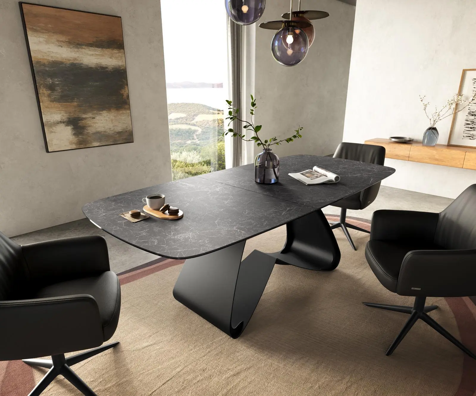 DELIFE Jídelní stůl Edge Boot 180-220×100 cm keramika Laminam® Nero Greco antracitová podnož ve tvaru W kov černá rozkládací