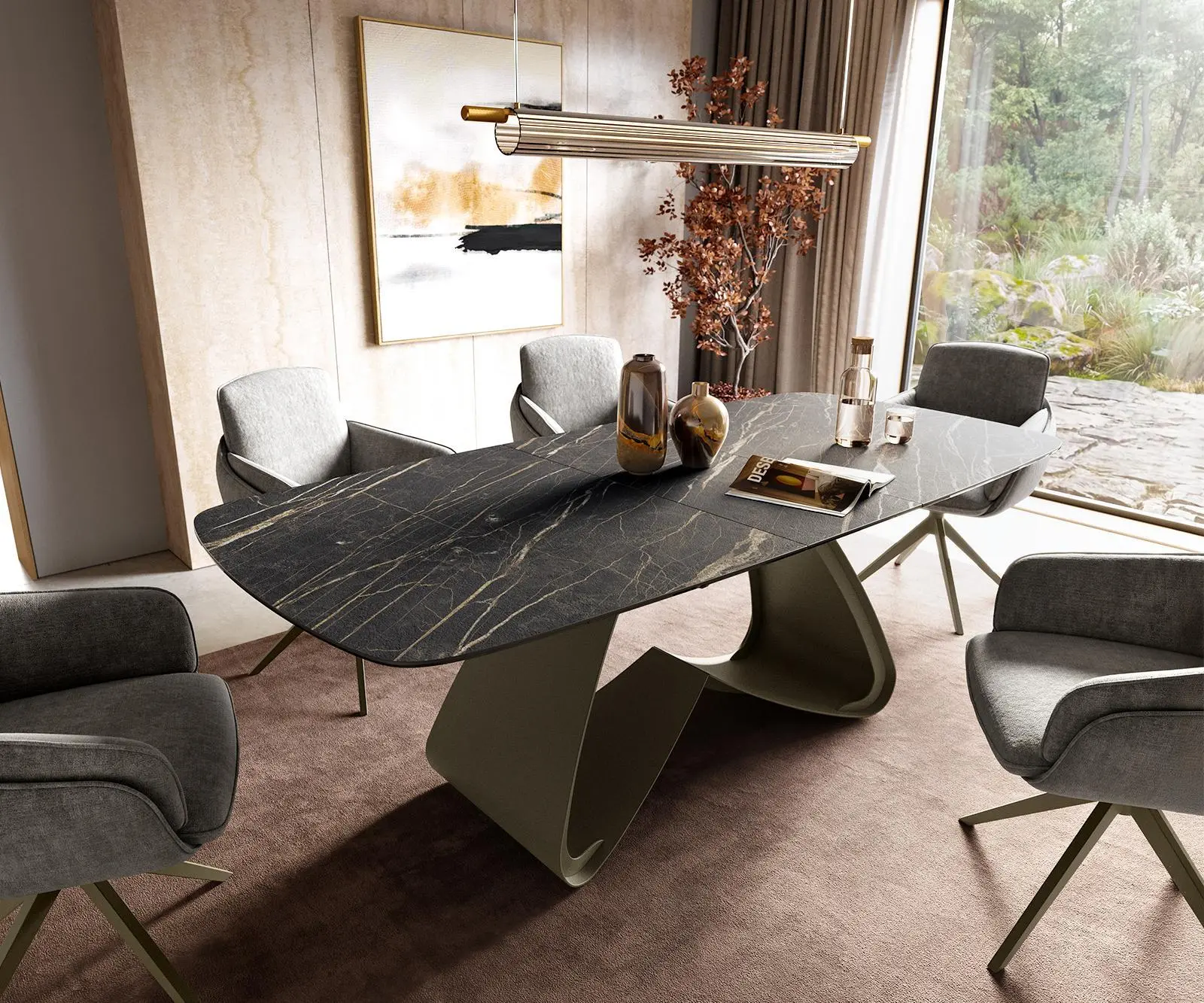 DELIFE Jídelní stůl Edge oválný tvar 180-220×100 cm Laminam® keramika Noir Desir hnědá podnož ve tvaru W kov titanová barva rozkládací