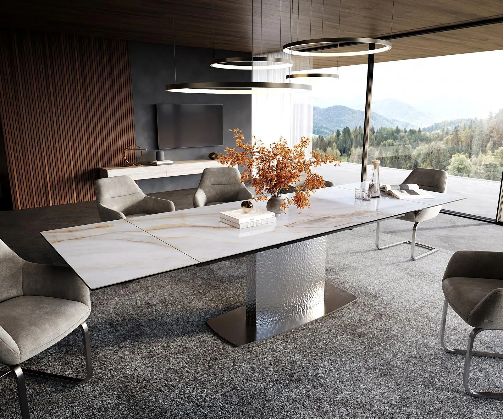 DELIFE Jídelní stůl Edge 200-300×100 cm keramika onyx pearl wave nerezová ocel rozkládací