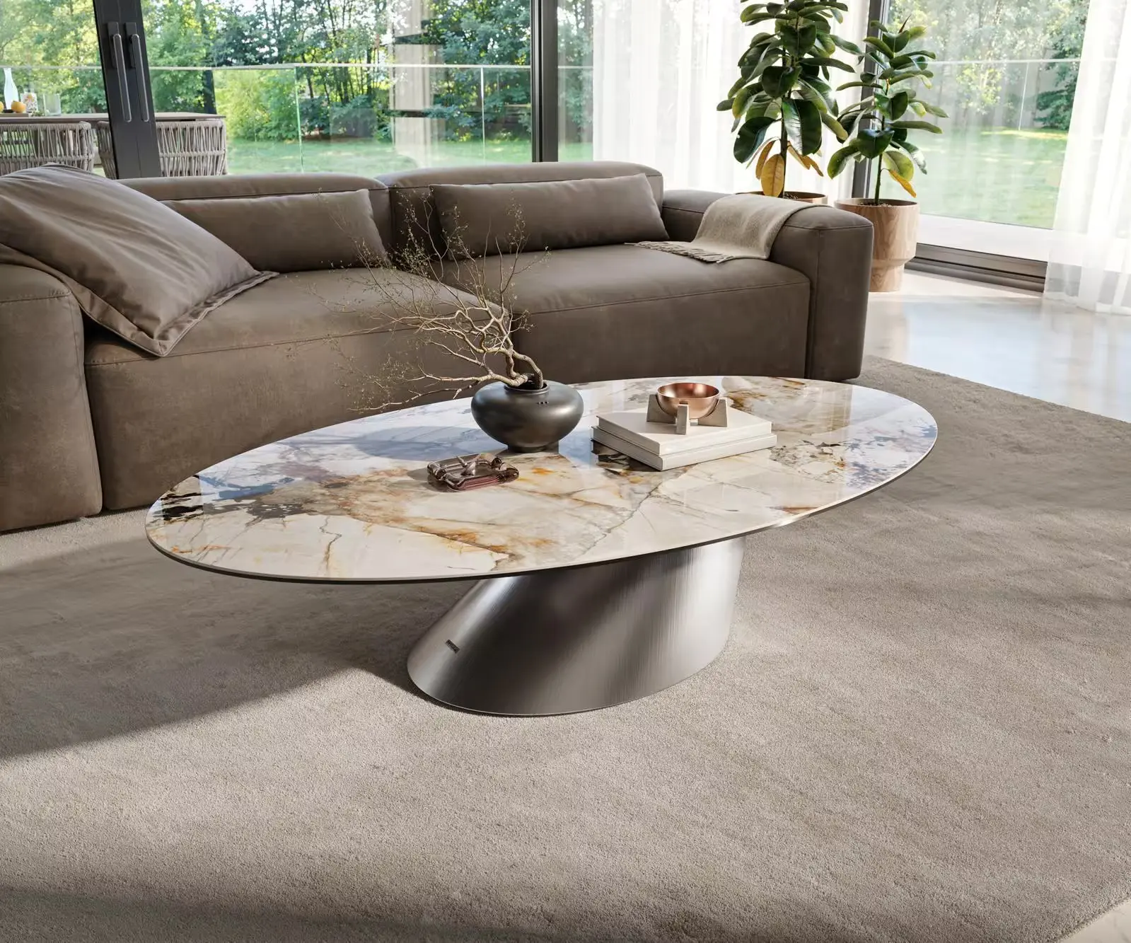DELIFE Konferenční stolek Edge oválný 135×80 cm keramika Patagonia leštěná Conis nerezová ocel broušená