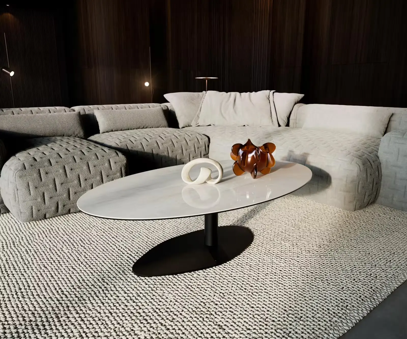 DELIFE Konferenční stolek Edge oválný 135×80 cm keramika onyx champagne Vibany kov černá