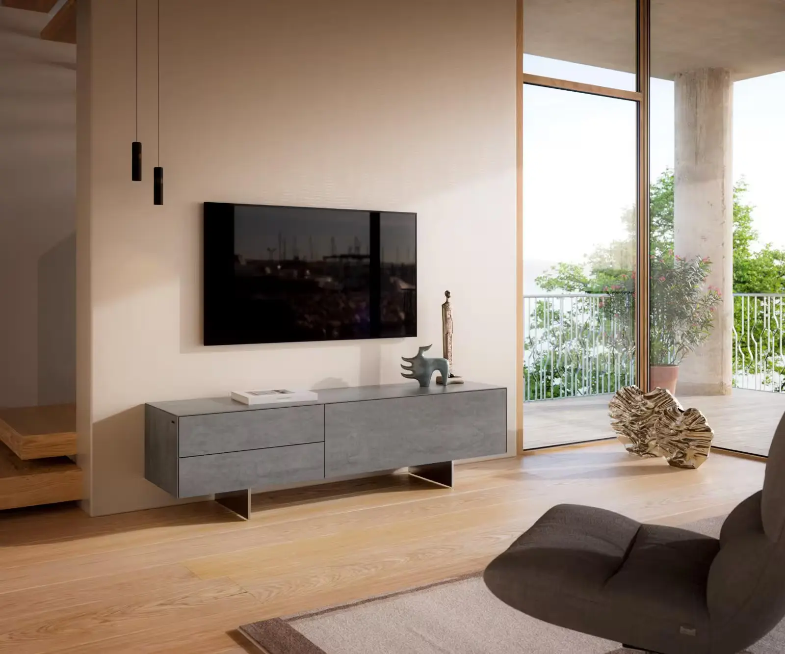 DELIFE TV stolek Cuor 180 cm keramika beton šedá 1 výklopná dvířka 2 zásuvky podnož závěsná nerezová ocel