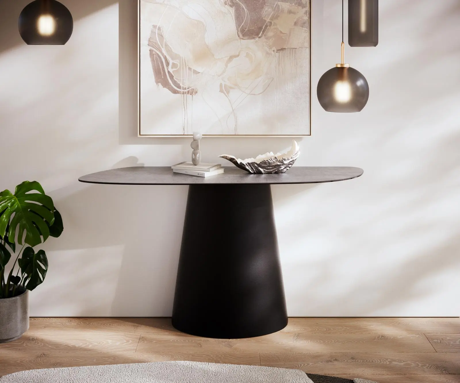 DELIFE Konzolový stůl Edge organický 140×40 cm keramika beton šedá Conos kov černá