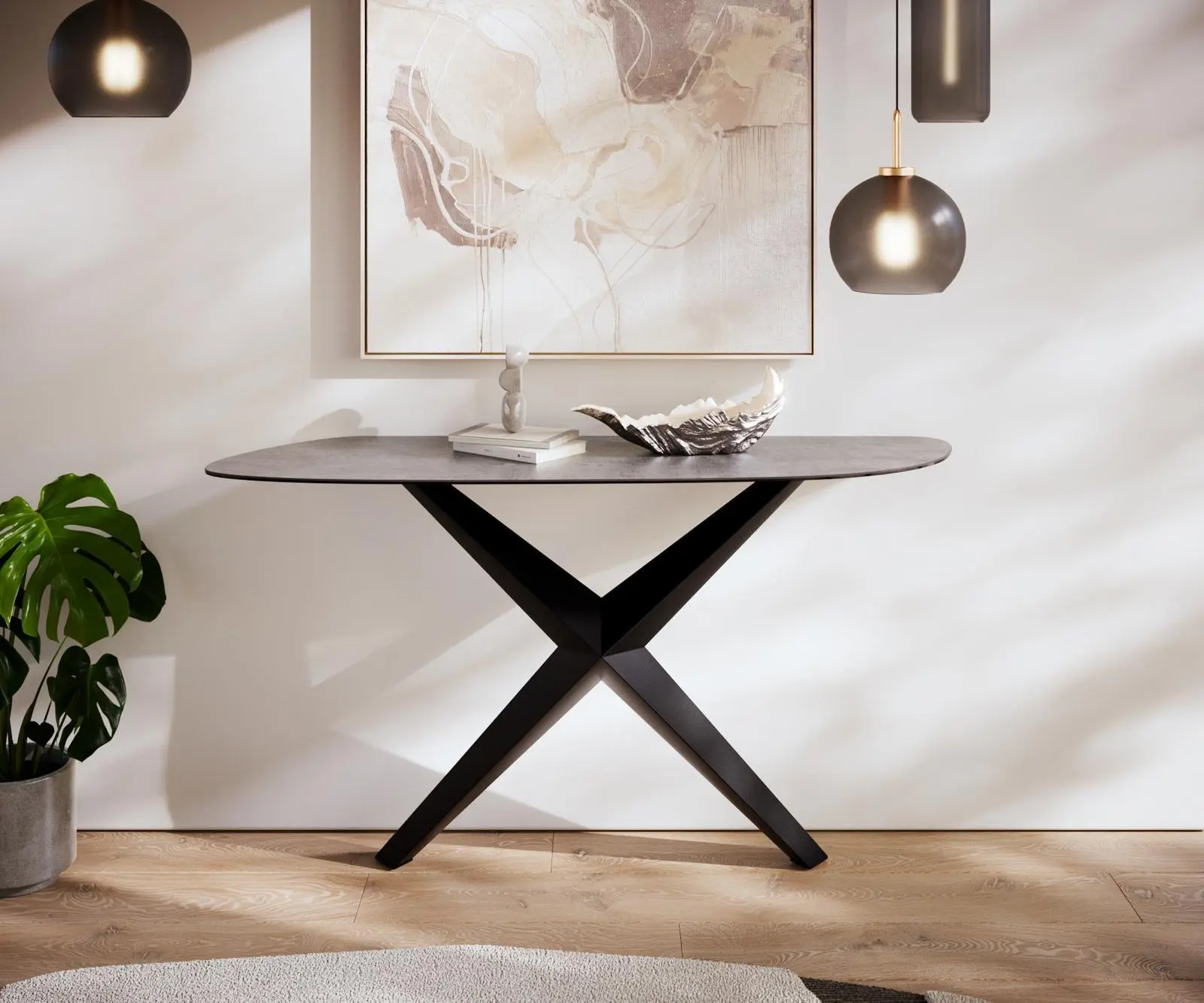 DELIFE Konzolový stůl Edge organický 140×40 cm keramika beton šedá Zentharo kov černá