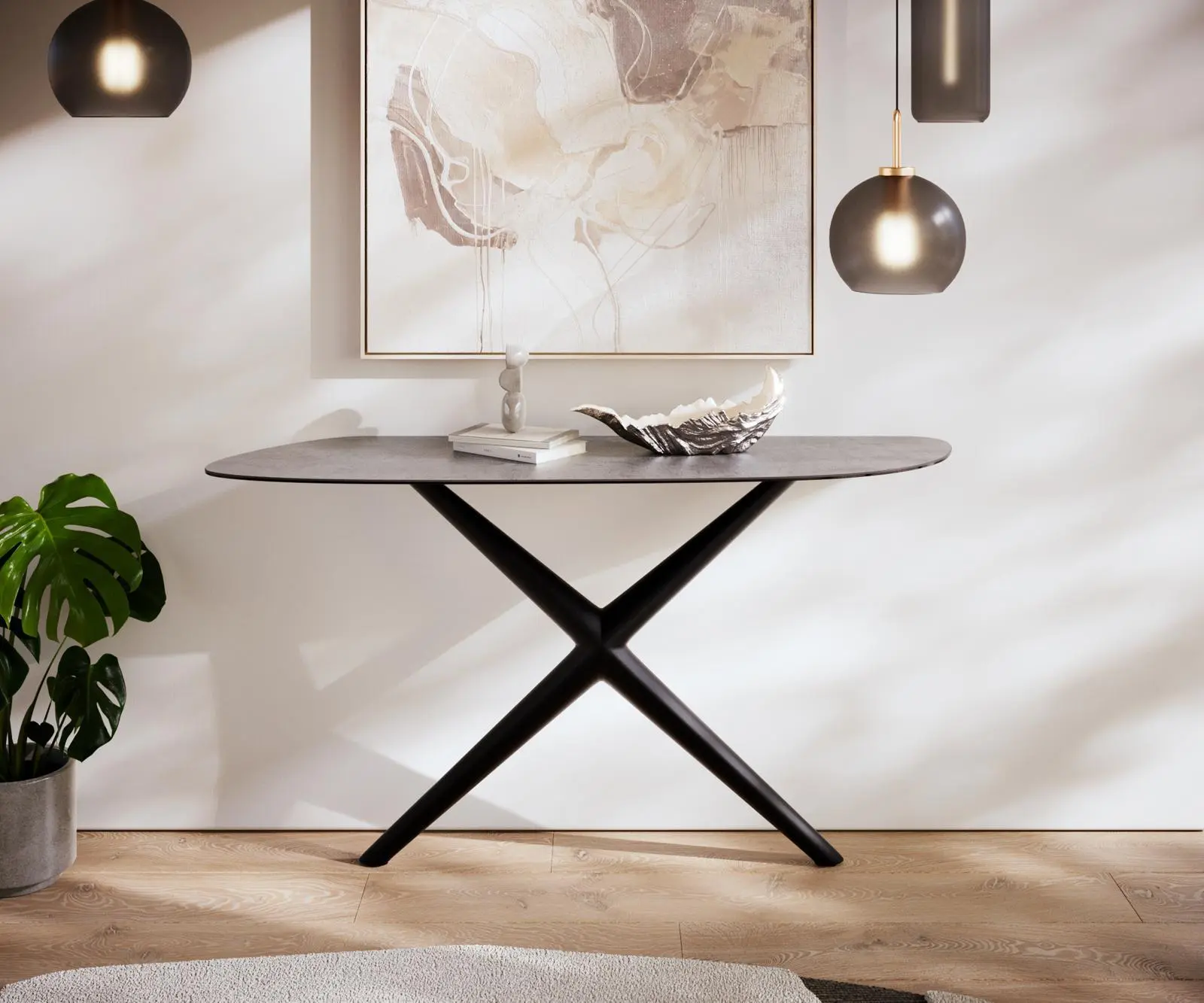 DELIFE Konzolový stůl Edge organický 140×40 cm keramika beton šedá Estelo kov černá