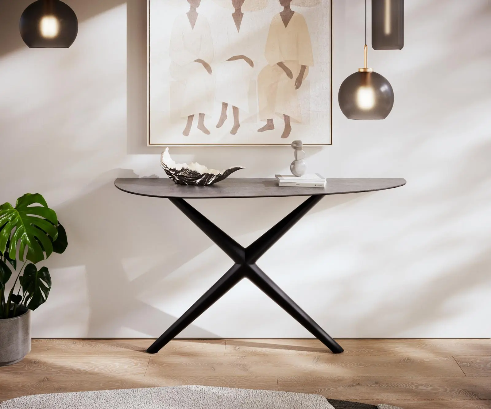 DELIFE Konzolový stůl Edge oválný 140×40 cm keramika beton šedá Estelo kov černá
