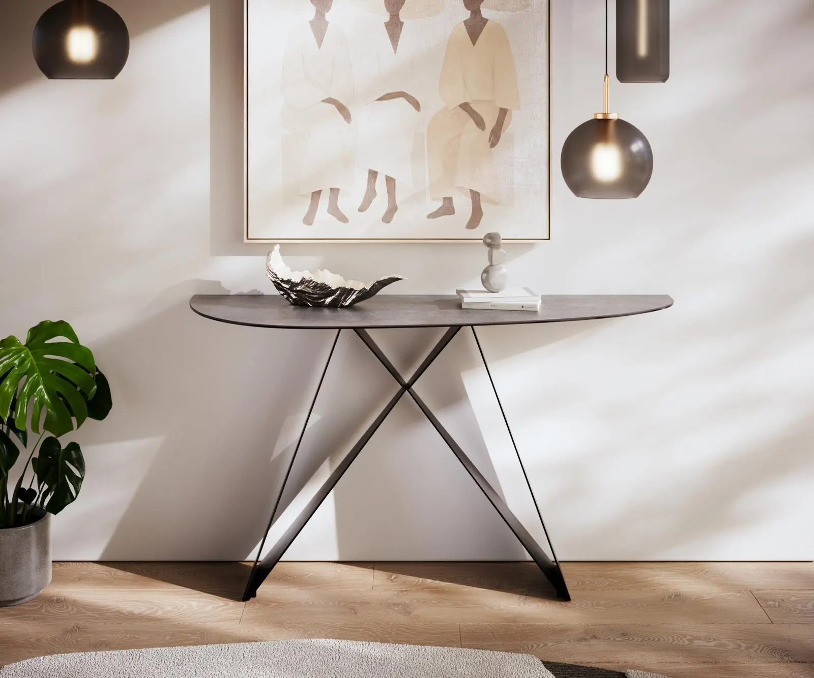DELIFE Konzolový stůl Edge oválný 140×40 cm keramika beton šedá Velio kov černá