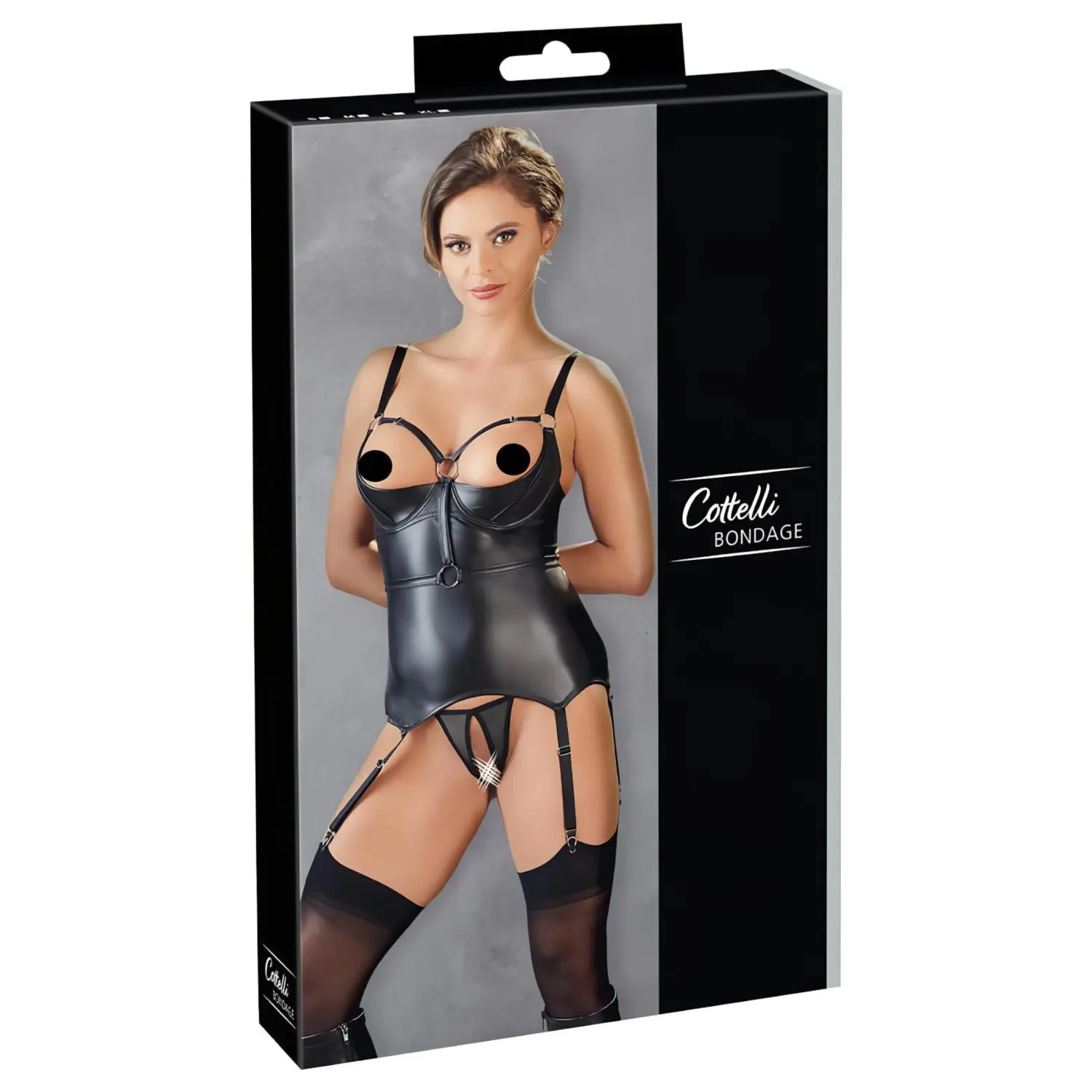 Cottelli Bondage - lesklý push-up top s pouty (černý) - XL