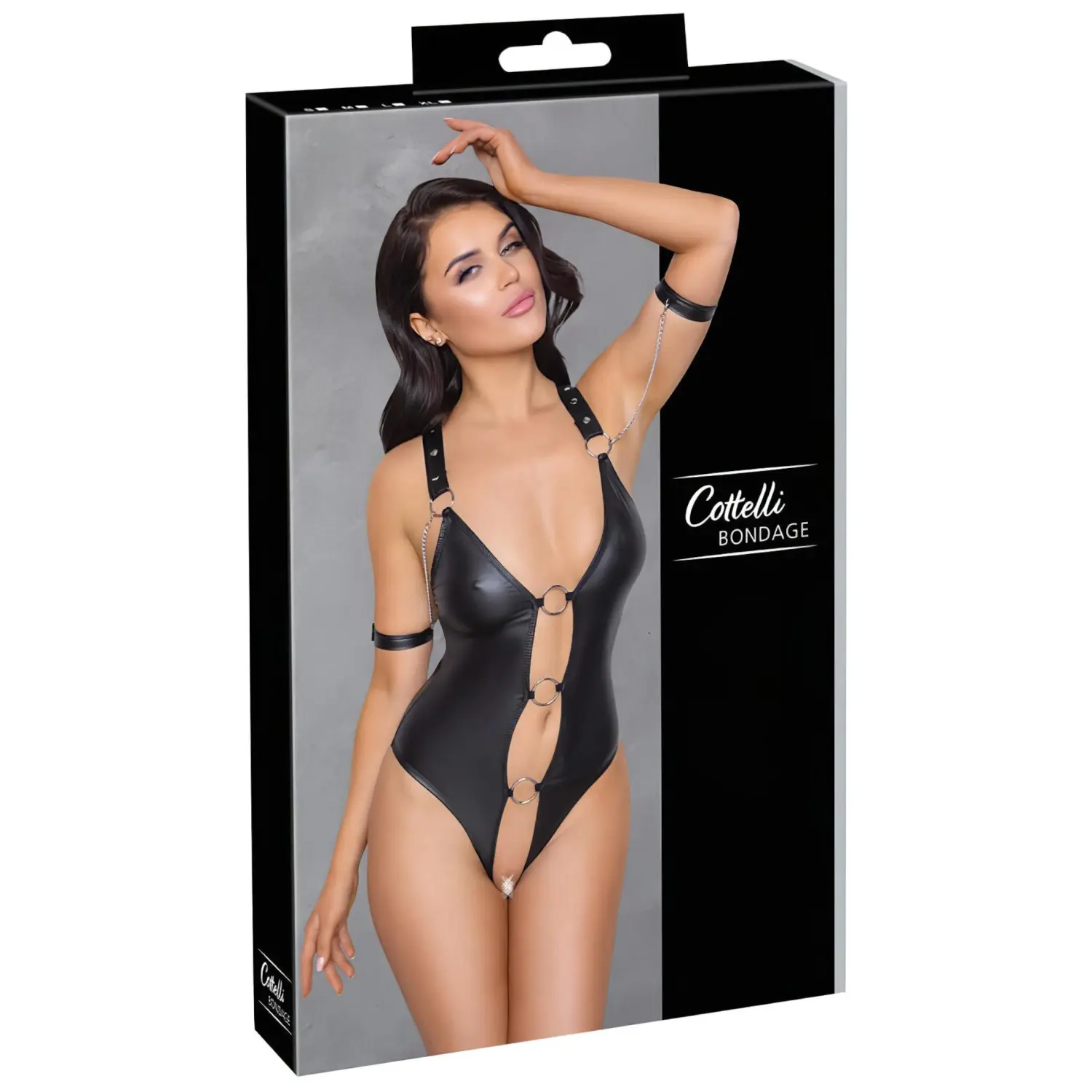 Cottelli Bondage - lesklé otevřené body s kroužky - černé - L