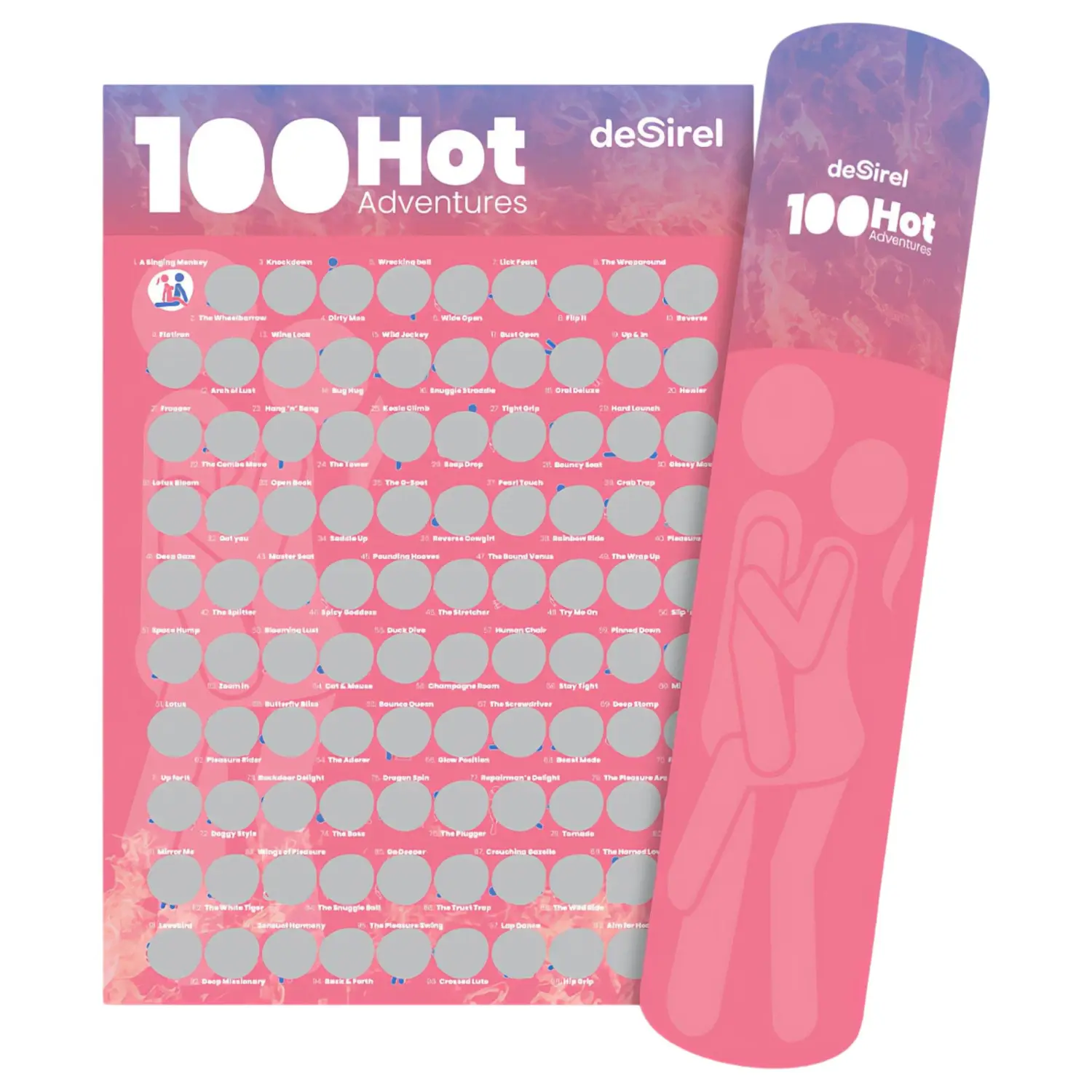 Desirel - stírací plakát společenské hry se 100 sexuálními polohami (anglicky)