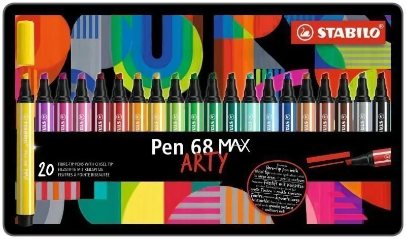 Prémiová vláknová fixka s hrubým klinovým hrotom - STABILO Pen 68 MAX - ARTY - 20 ks sada v plechu